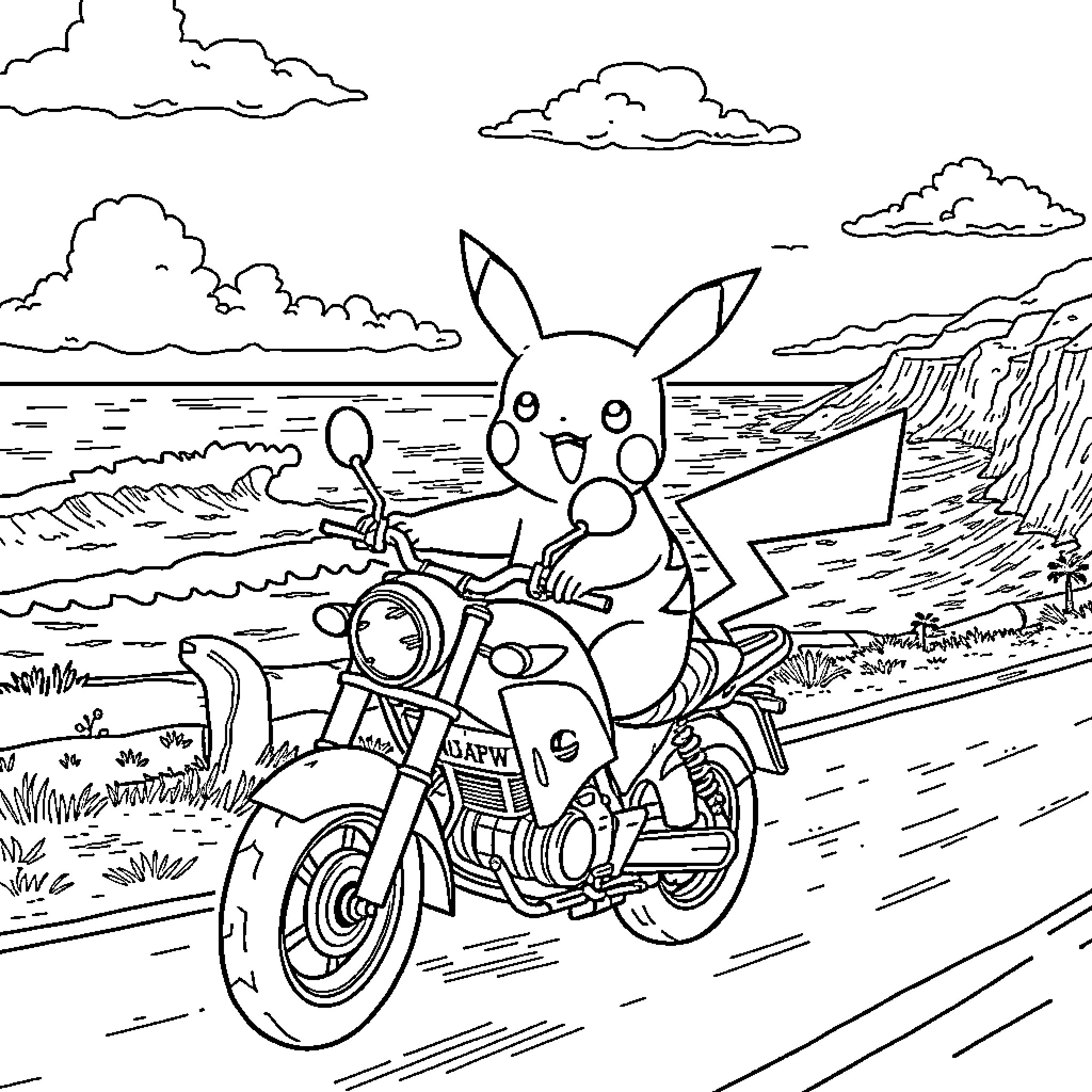 Pikachu riding a motorcycle on the beach Coloring Page (free black-and-white line drawing printable PDF for all, from beginners to advanced learners, including children, teens, adults, and seniors)