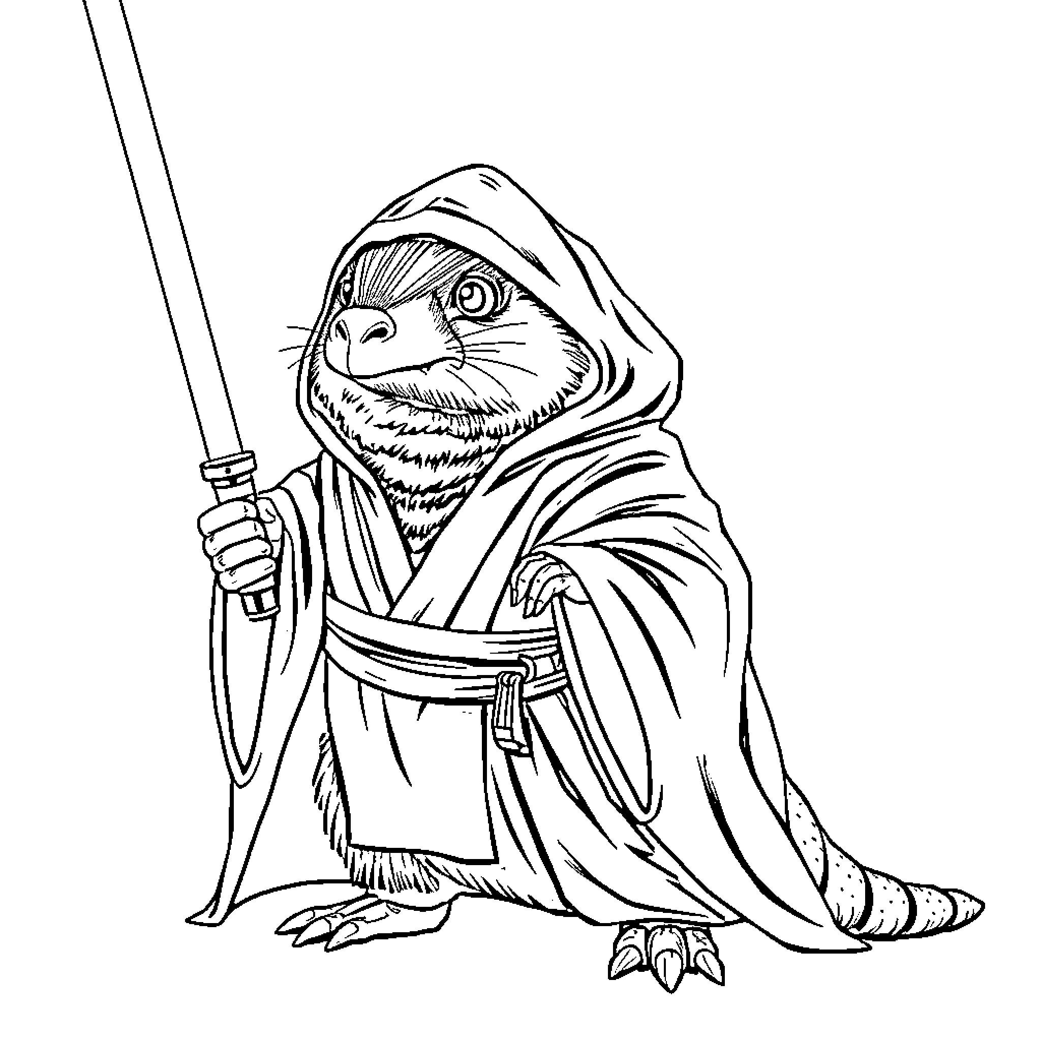 Platypus warrior with sword and hooded cloak Coloring Page (free black-and-white line drawing printable PDF for all, from beginners to advanced learners, including children, teens, adults, and seniors)