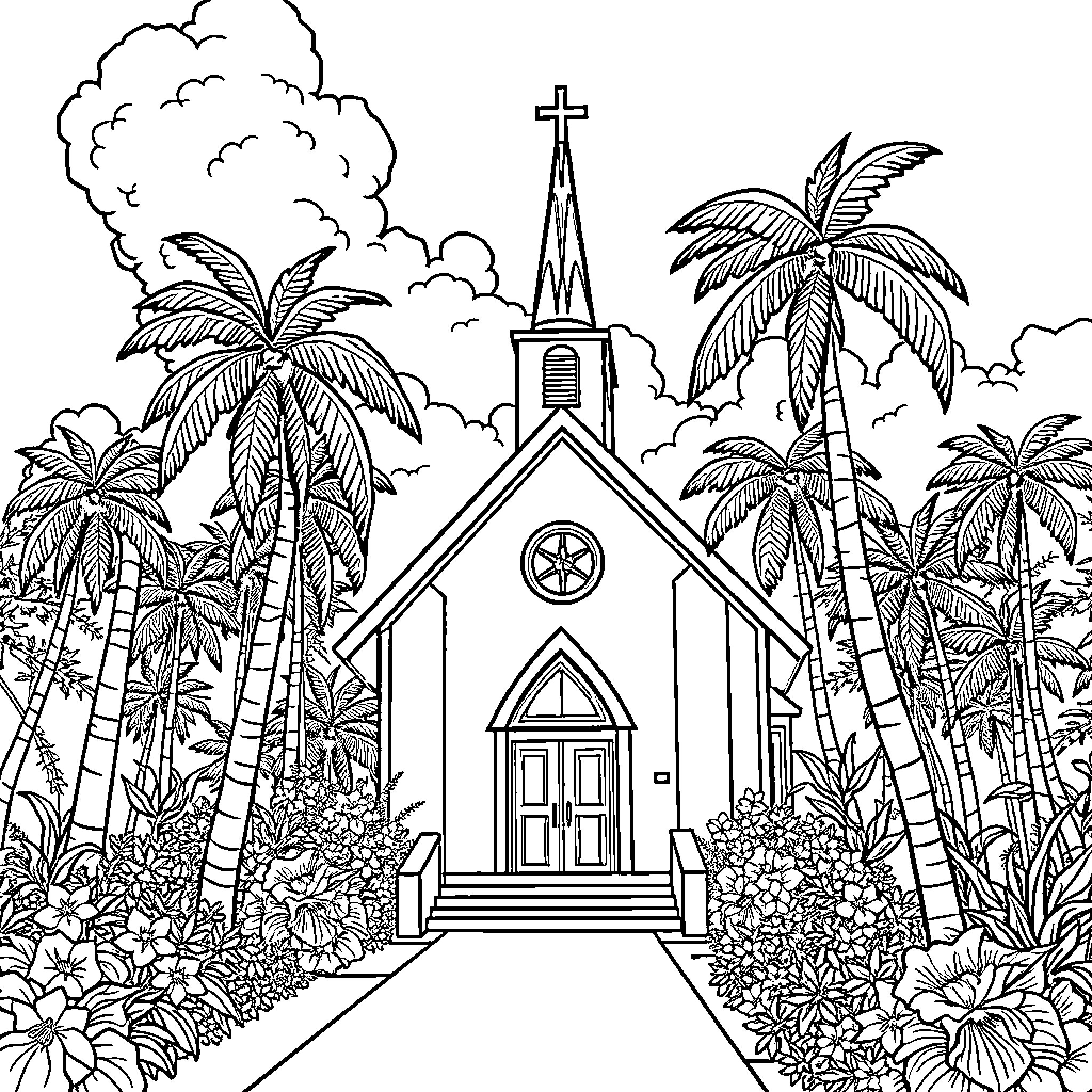 St John's Church in Tropical Jungle Landscape Coloring Page (free black-and-white line drawing printable PDF for all, from beginners to advanced learners, including children, teens, adults, and seniors)