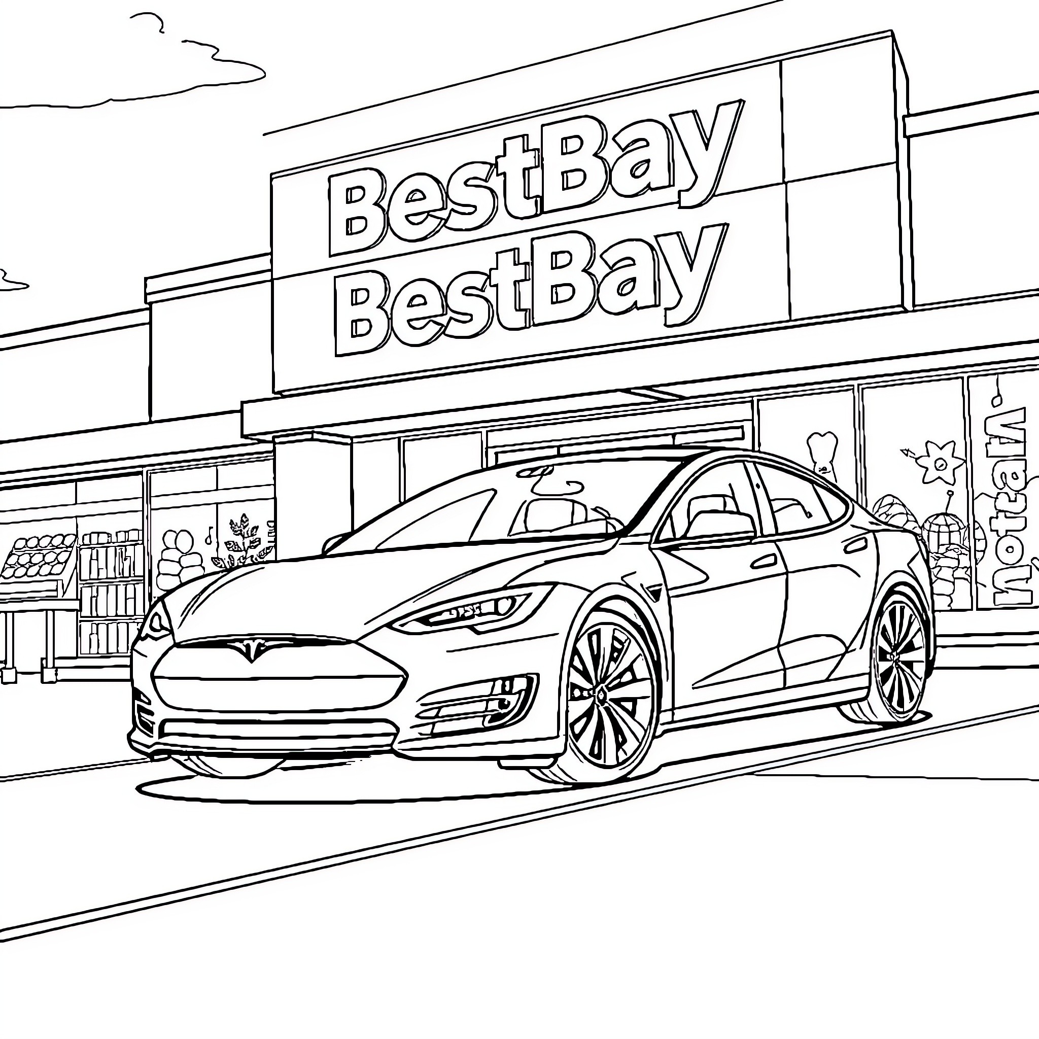 Tesla electric vehicle parked at a retail store Coloring Page (free black-and-white line drawing printable PDF for all, from beginners to advanced learners, including children, teens, adults, and seniors)