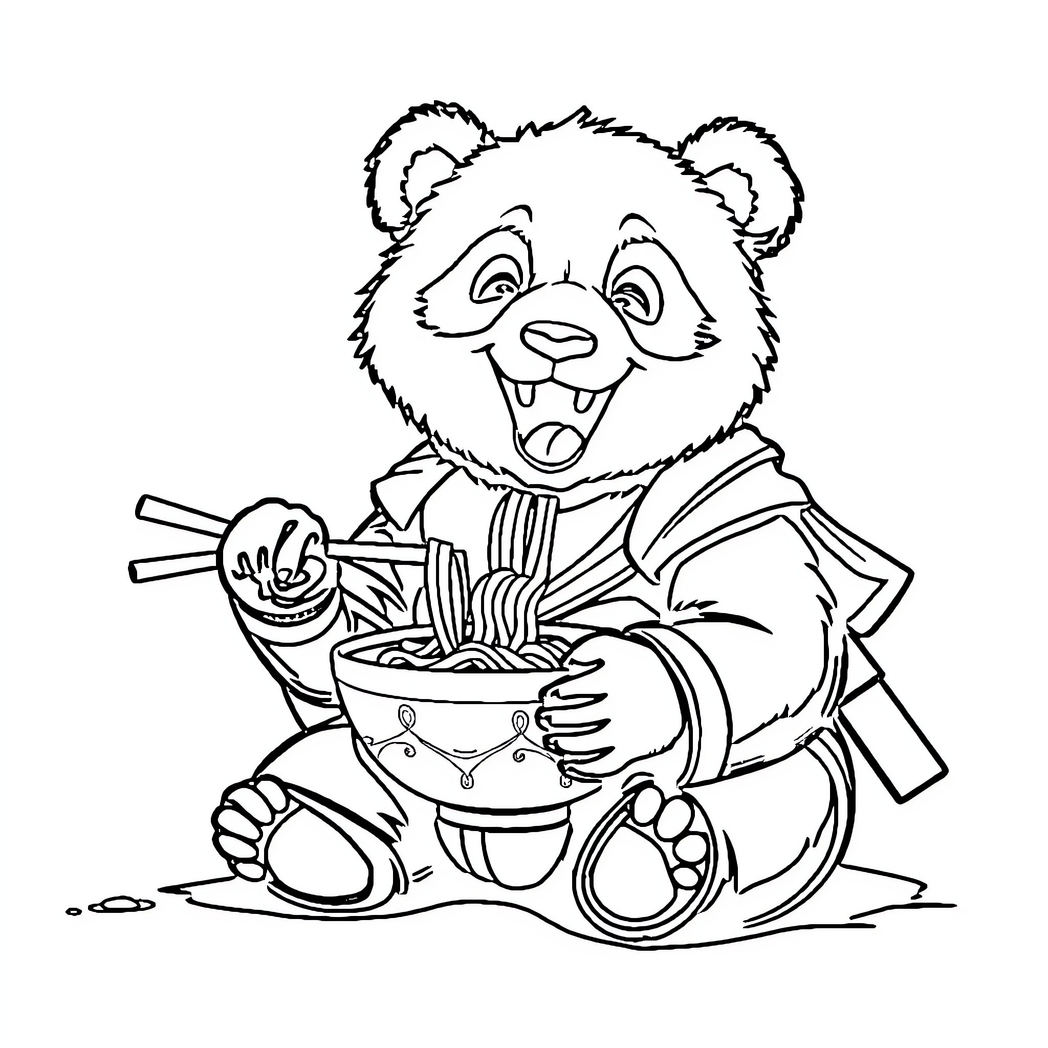 Panda enjoying a delicious bowl of noodles Coloring Page (free black-and-white line drawing printable PDF for all, from beginners to advanced learners, including children, teens, adults, and seniors)