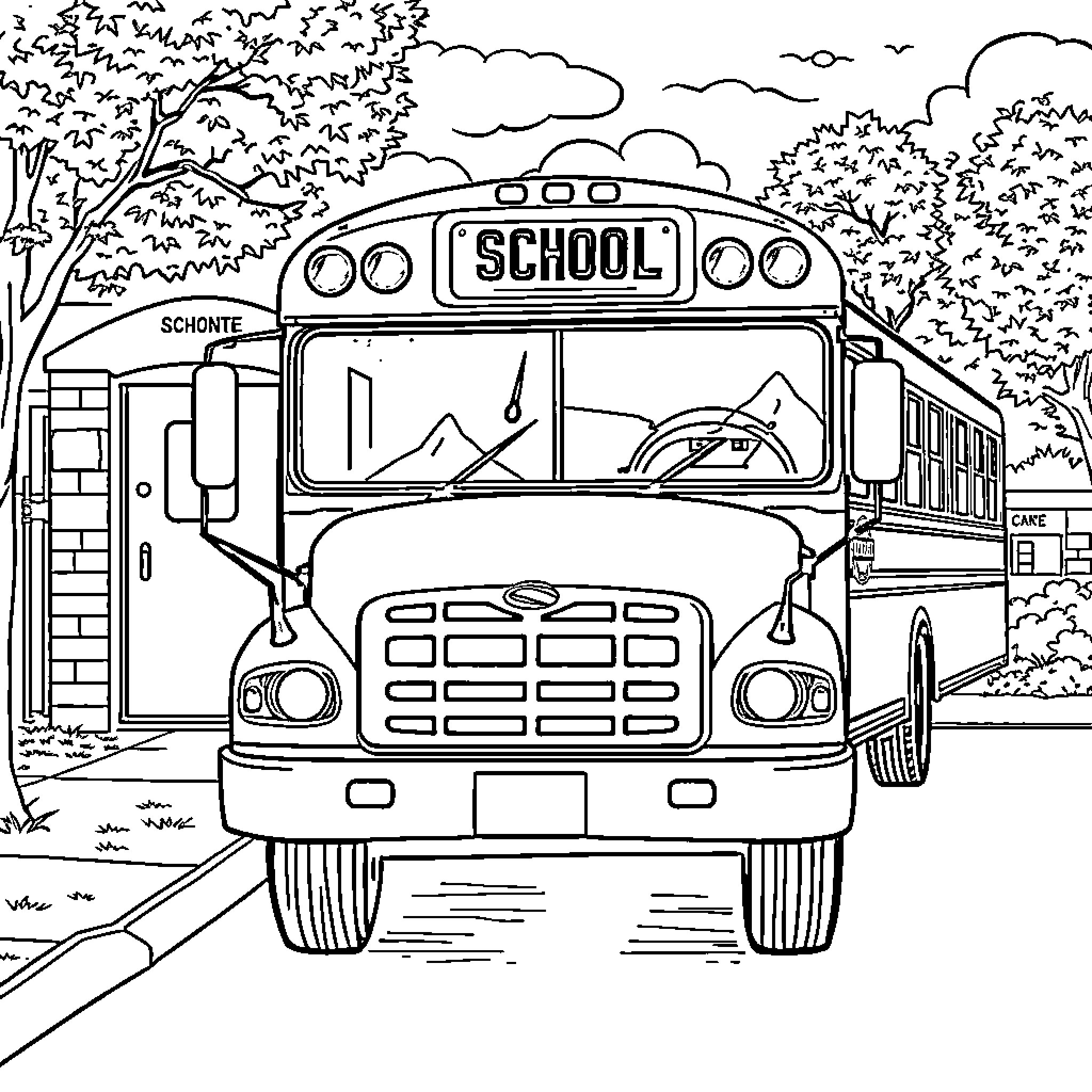 Bus transporting students to school on a scenic route Coloring Page (free black-and-white line drawing printable PDF for all, from beginners to advanced learners, including children, teens, adults, and seniors)