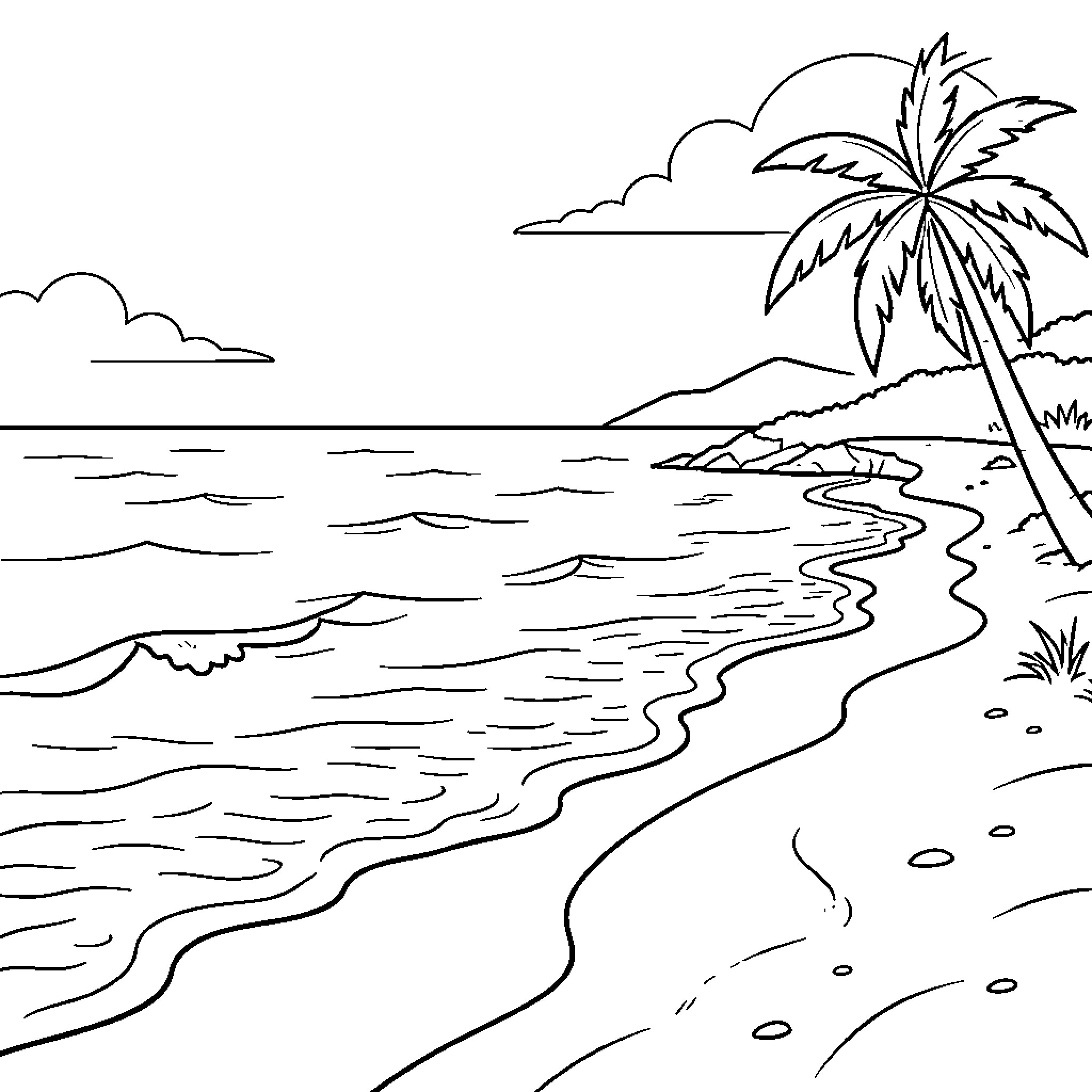 Beach scene with palm tree and ocean waves Coloring Page (free black-and-white line drawing printable PDF for all, from beginners to advanced learners, including children, teens, adults, and seniors)