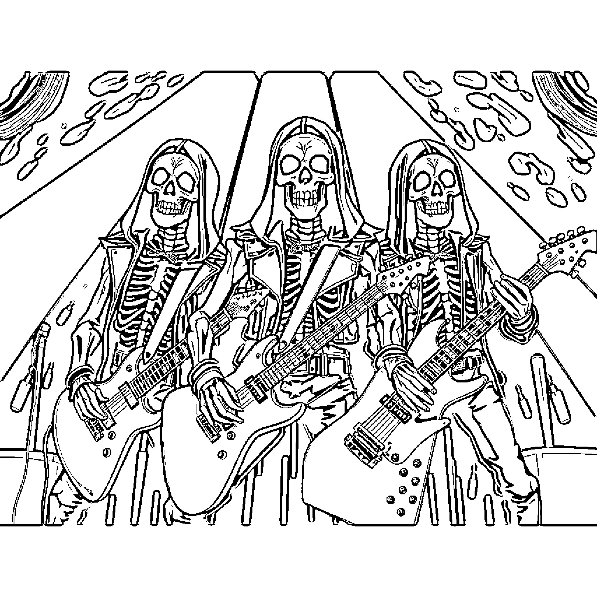 Skeleton band performing on stage Coloring Page (free black-and-white line drawing printable PDF for all, from beginners to advanced learners, including children, teens, adults, and seniors)