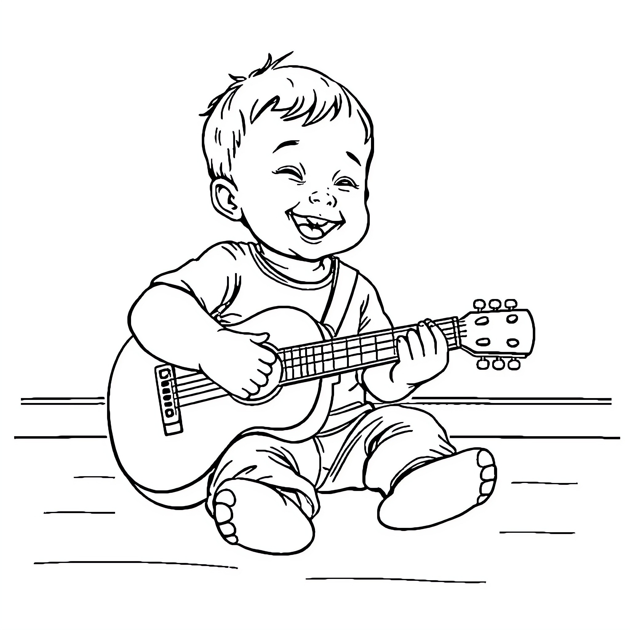 Baby playing happily with guitar Coloring Page (free black-and-white line drawing printable PDF for all, from beginners to advanced learners, including children, teens, adults, and seniors)