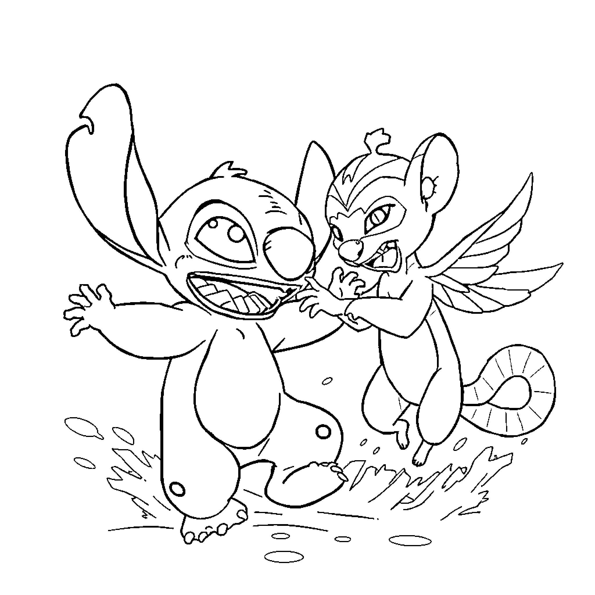 Stitch and Experiment 626 Playing Happily Coloring Page (free black-and-white line drawing printable PDF for all, from beginners to advanced learners, including children, teens, adults, and seniors)