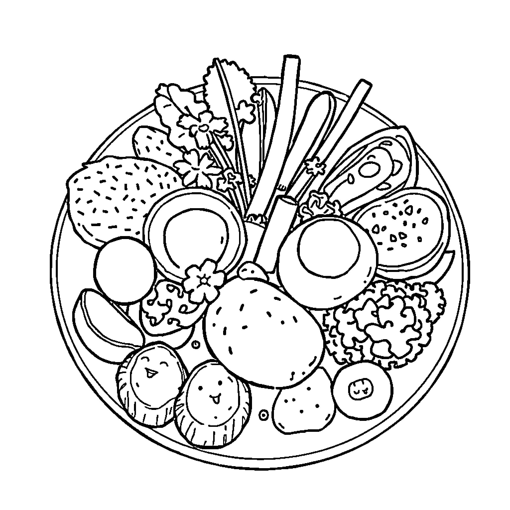 Food Ingredients Arranged in a Bowl Coloring Page (free black-and-white line drawing printable PDF for all, from beginners to advanced learners, including children, teens, adults, and seniors)