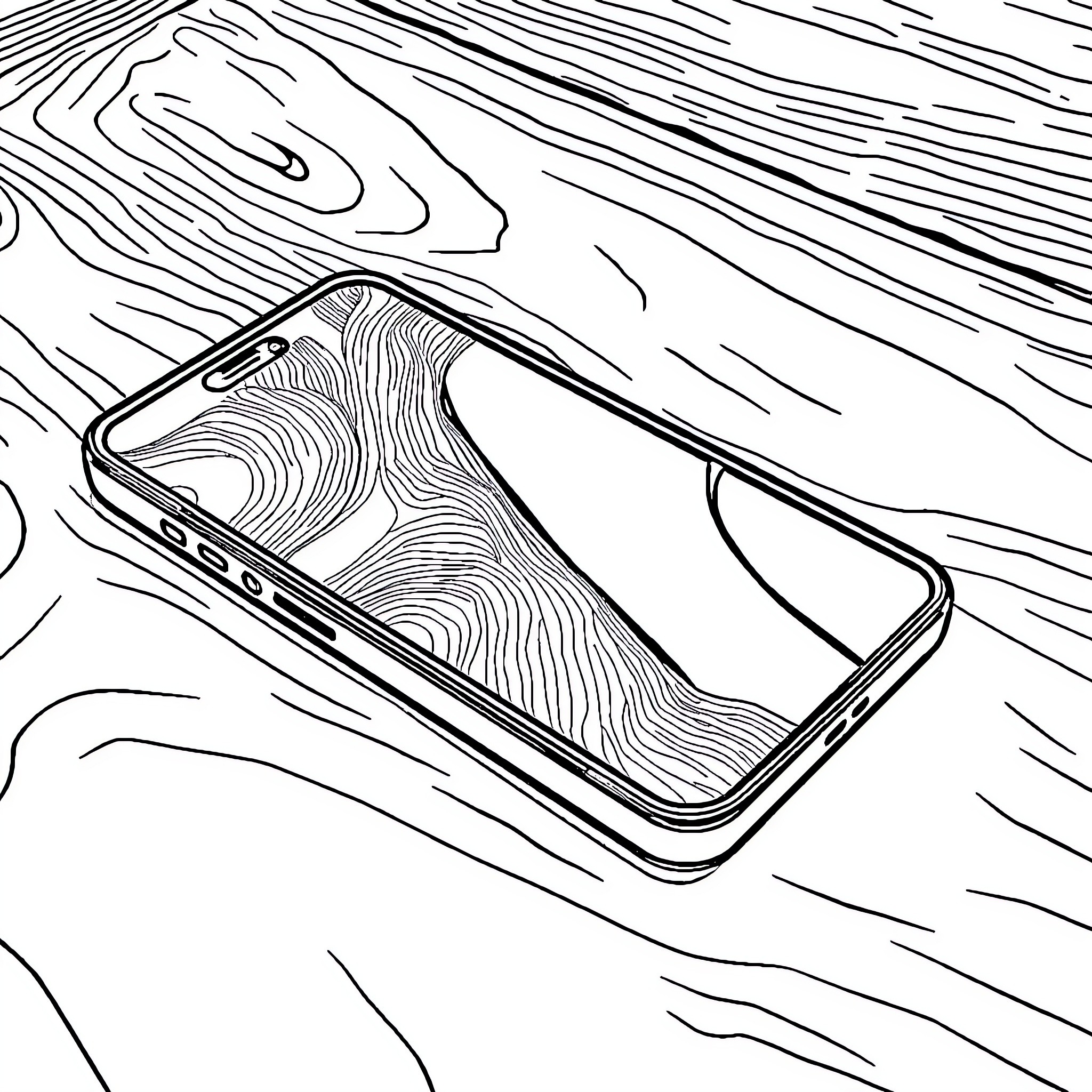 Phone on Wooden Texture Coloring Page (free black-and-white line drawing printable PDF for all, from beginners to advanced learners, including children, teens, adults, and seniors)