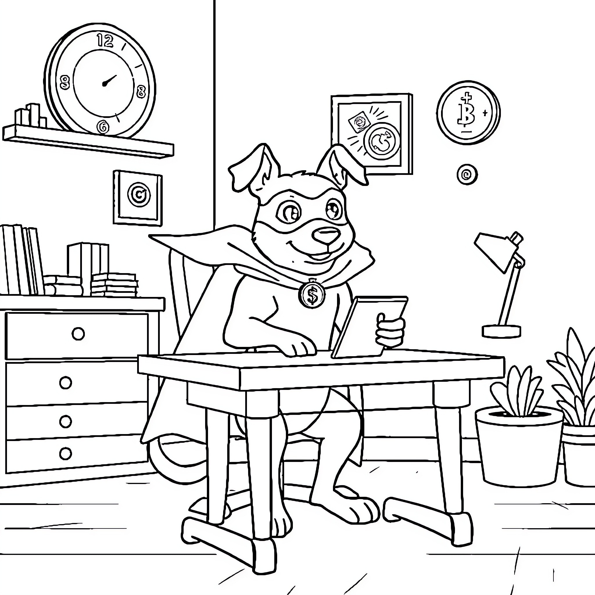 Dog working diligently at his desk Coloring Page (free black-and-white line drawing printable PDF for all, from beginners to advanced learners, including children, teens, adults, and seniors)