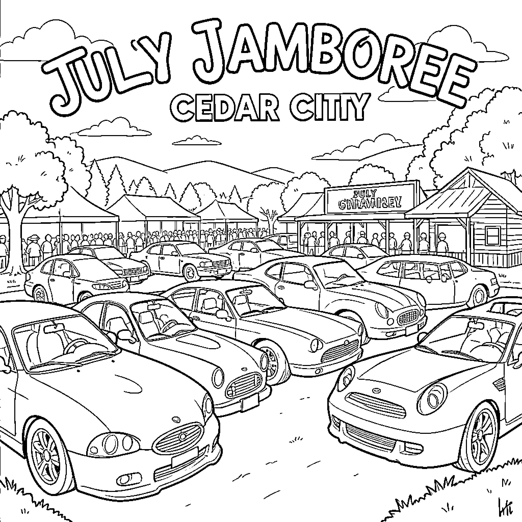 Cars at the July Jamboree in Cedar City Coloring Page (free black-and-white line drawing printable PDF for all, from beginners to advanced learners, including children, teens, adults, and seniors)