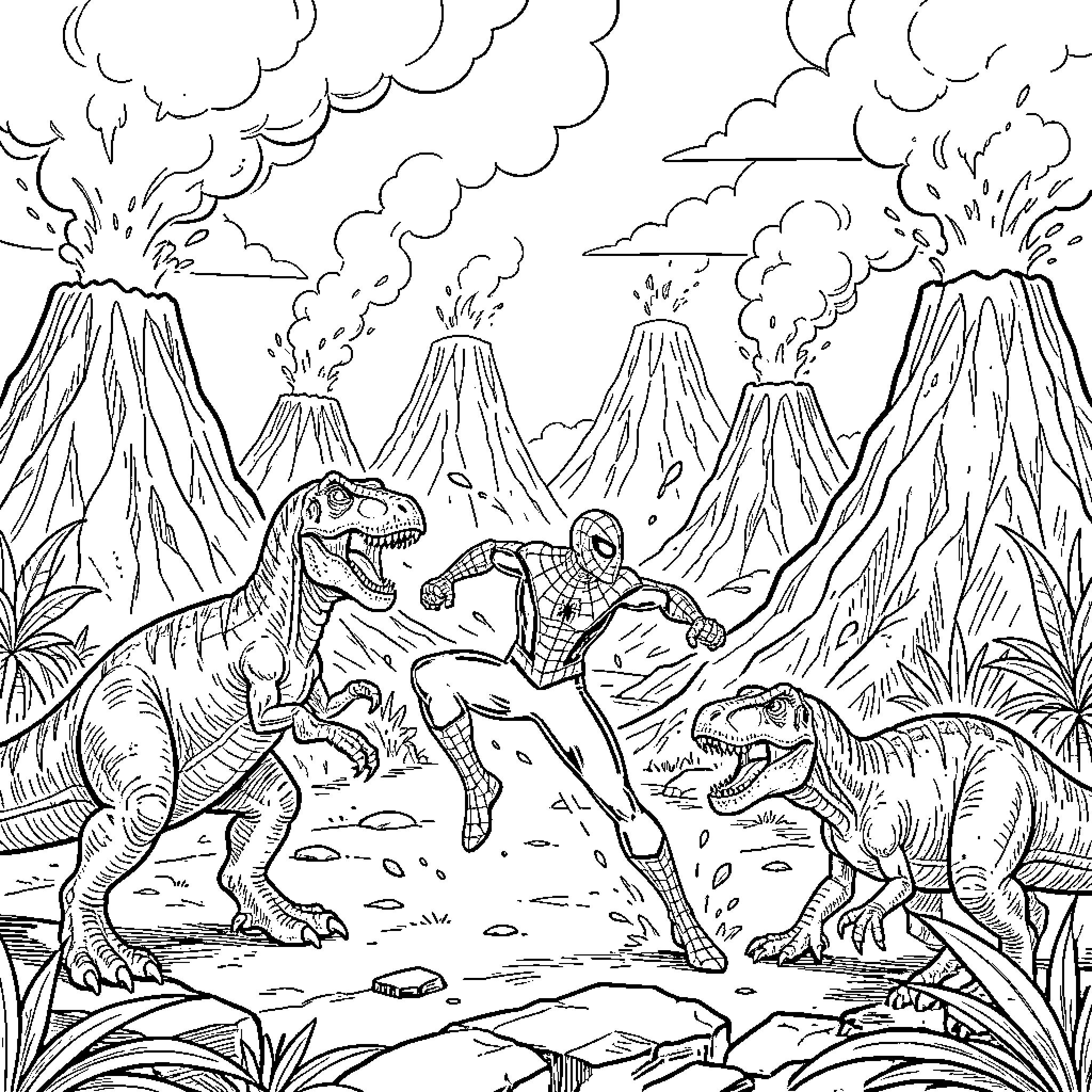 Spider-Man Battles Dinosaurs in Volcanic Landscape Coloring Page (free black-and-white line drawing printable PDF for all, from beginners to advanced learners, including children, teens, adults, and seniors)