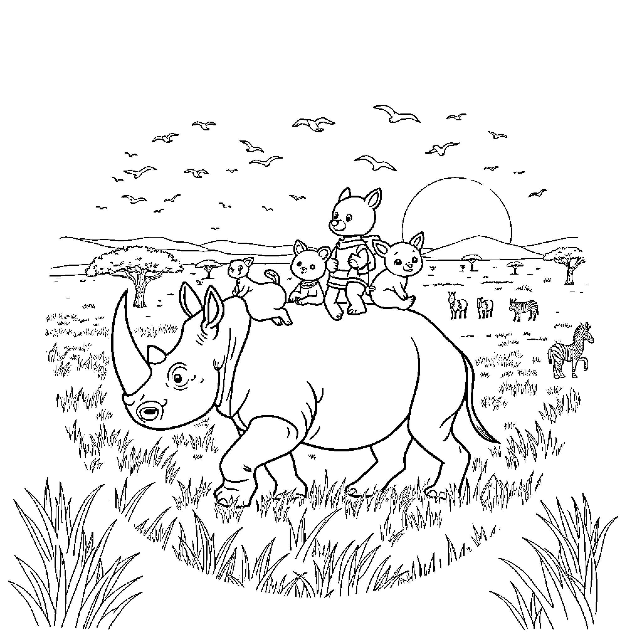 Rhino and friendly animals exploring the savanna Coloring Page (free black-and-white line drawing printable PDF for all, from beginners to advanced learners, including children, teens, adults, and seniors)