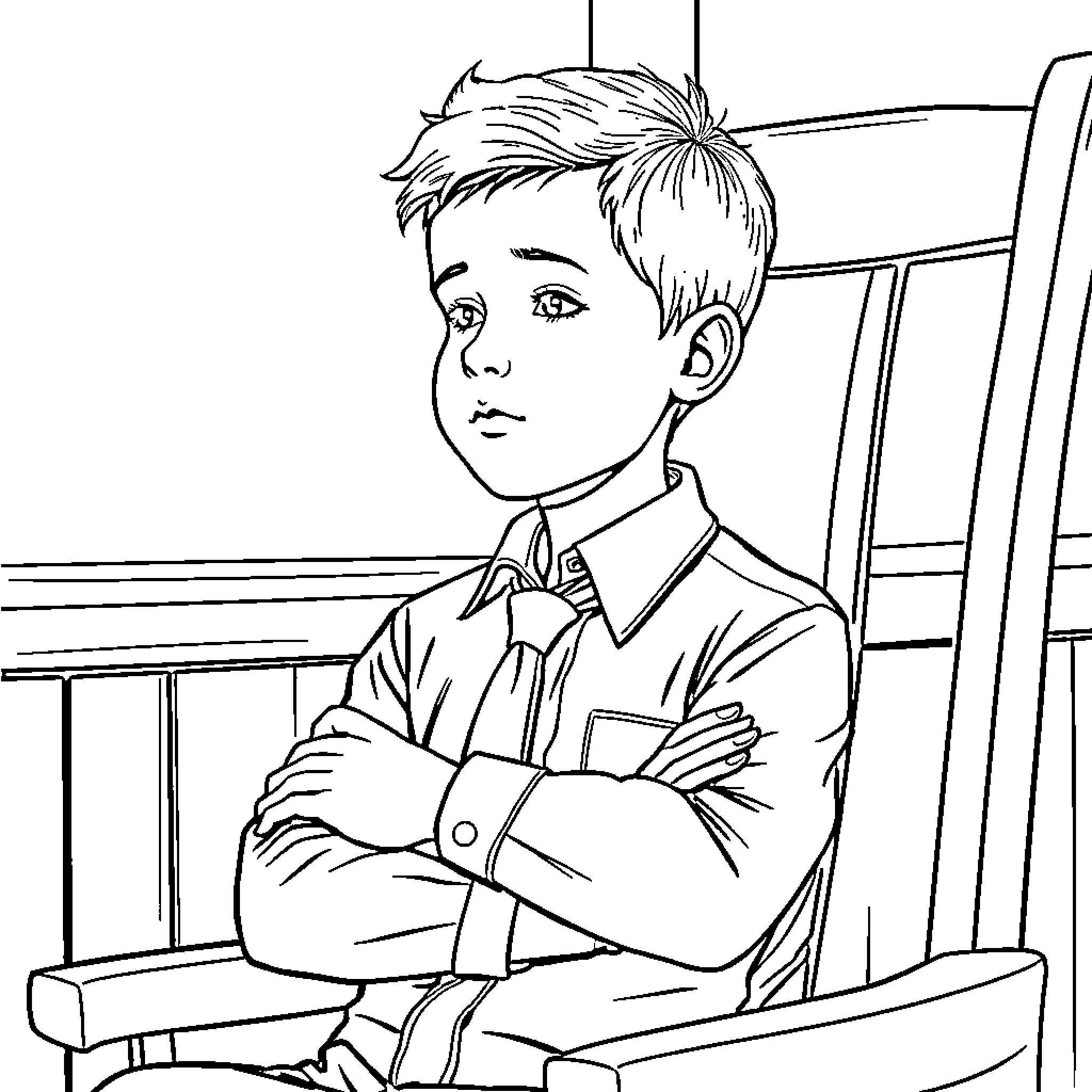 Boy sitting with thoughtful expression on bench Coloring Page (free black-and-white line drawing printable PDF for all, from beginners to advanced learners, including children, teens, adults, and seniors)