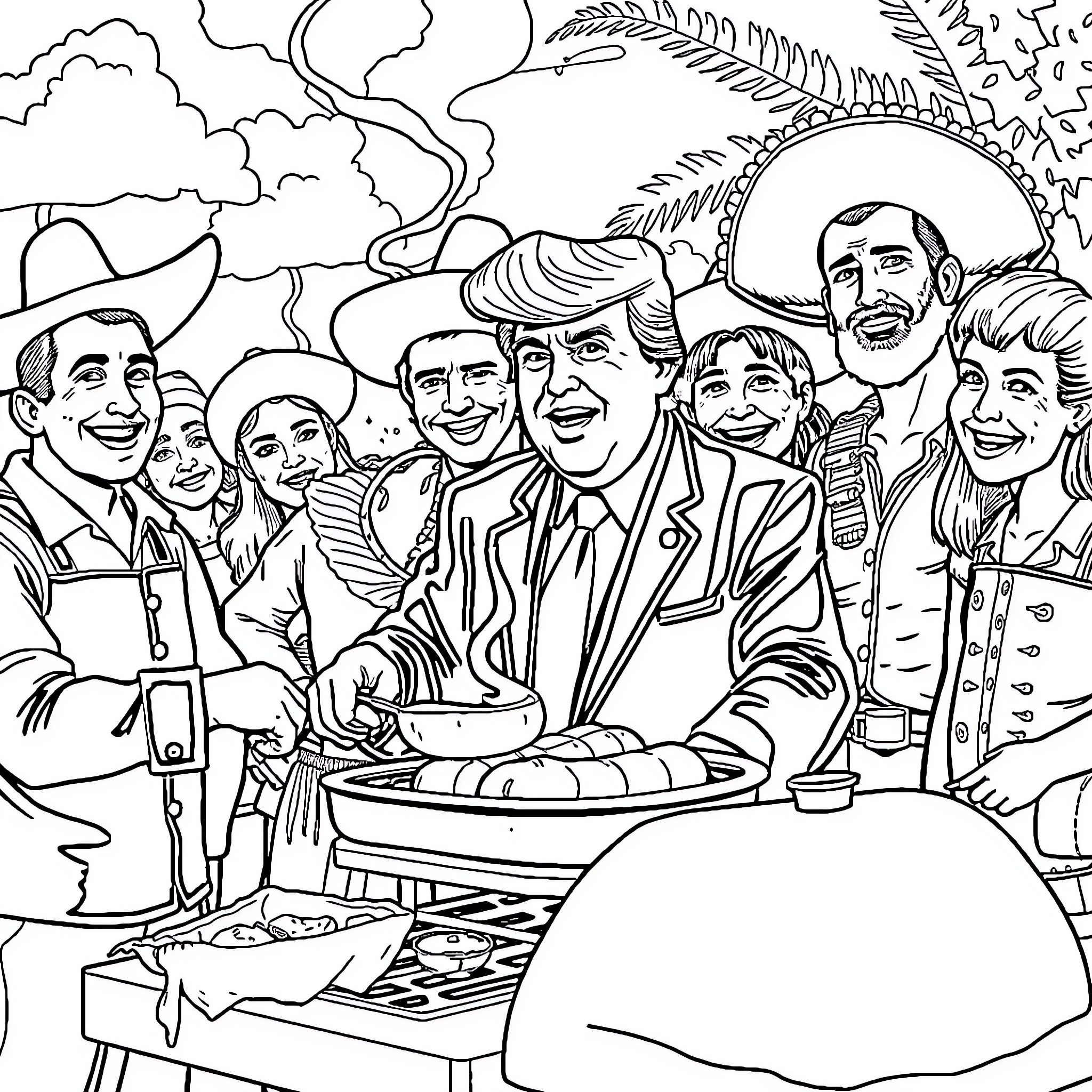 Donald Trump Hosts a Lively Barbecue Gathering Coloring Page (free black-and-white line drawing printable PDF for all, from beginners to advanced learners, including children, teens, adults, and seniors)