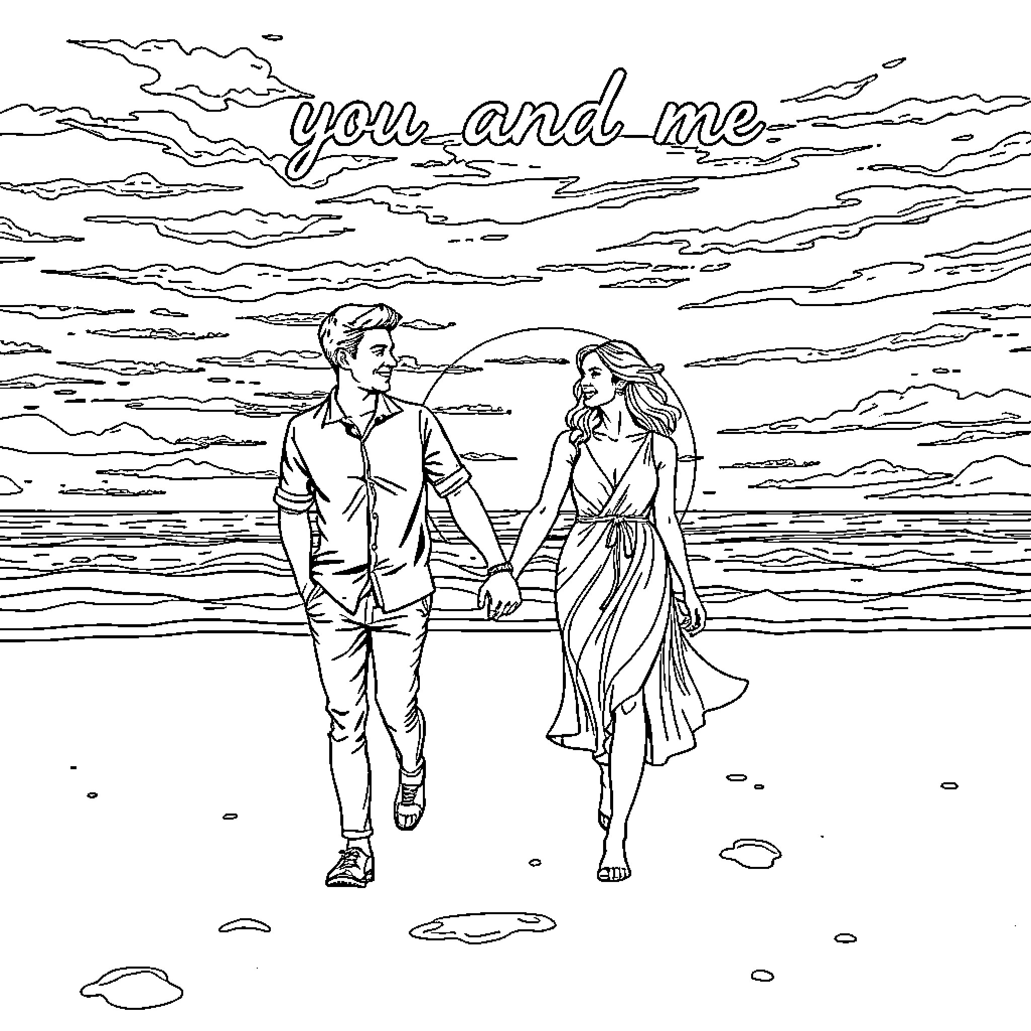 Man and Woman walking together on the beach Coloring Page (free black-and-white line drawing printable PDF for all, from beginners to advanced learners, including children, teens, adults, and seniors)