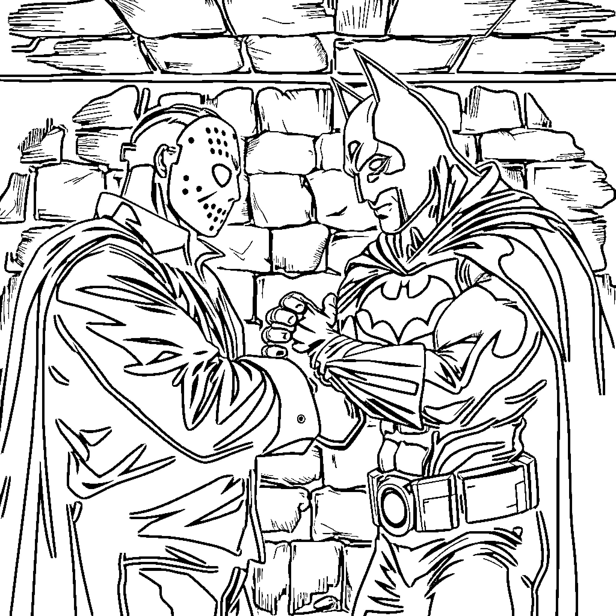 Jason Voorhees confronting Batman in a dark alley Coloring Page (free black-and-white line drawing printable PDF for all, from beginners to advanced learners, including children, teens, adults, and seniors)
