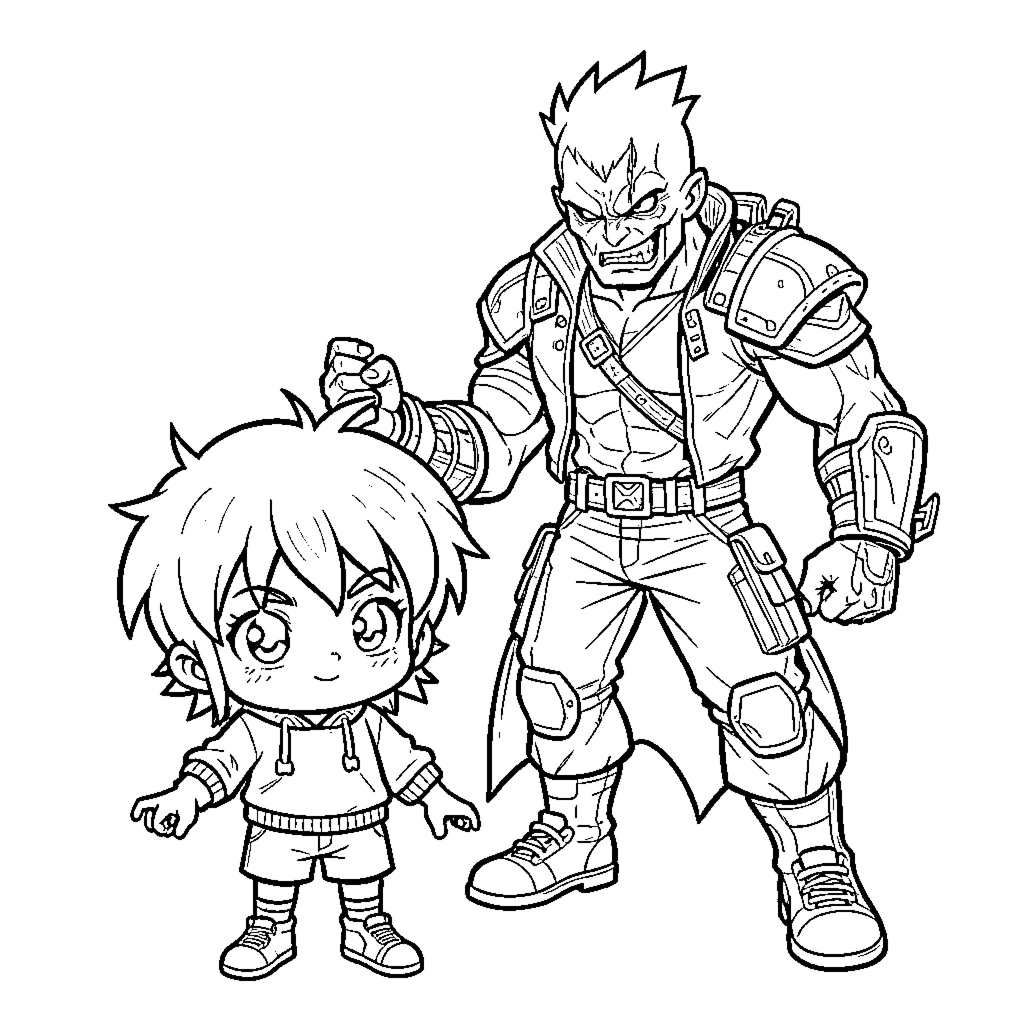 Pomni standing next to a muscular warrior character Coloring Page (free black-and-white line drawing printable PDF for all, from beginners to advanced learners, including children, teens, adults, and seniors)