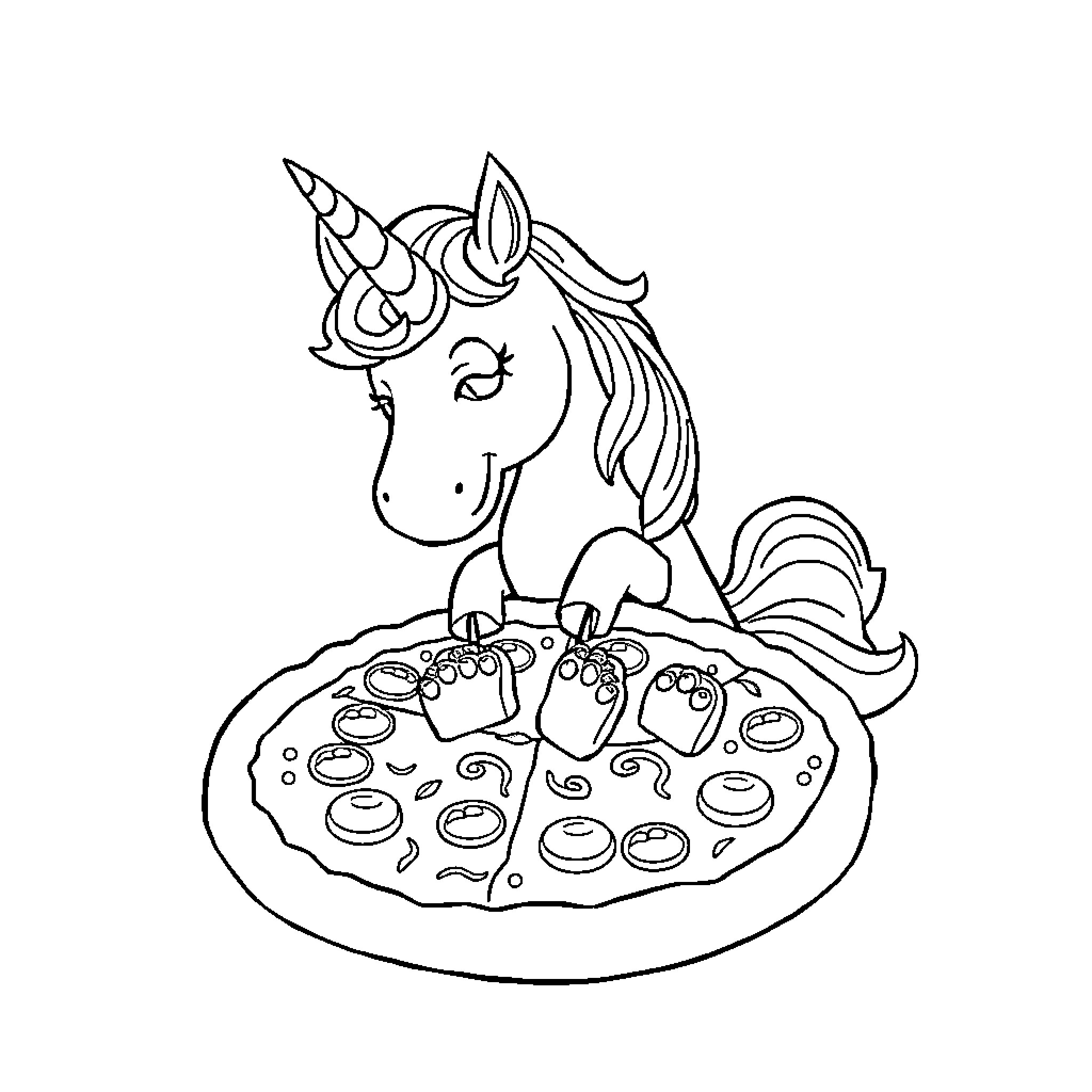 Unicorn enjoying a magical pizza feast Coloring Page (free black-and-white line drawing printable PDF for all, from beginners to advanced learners, including children, teens, adults, and seniors)