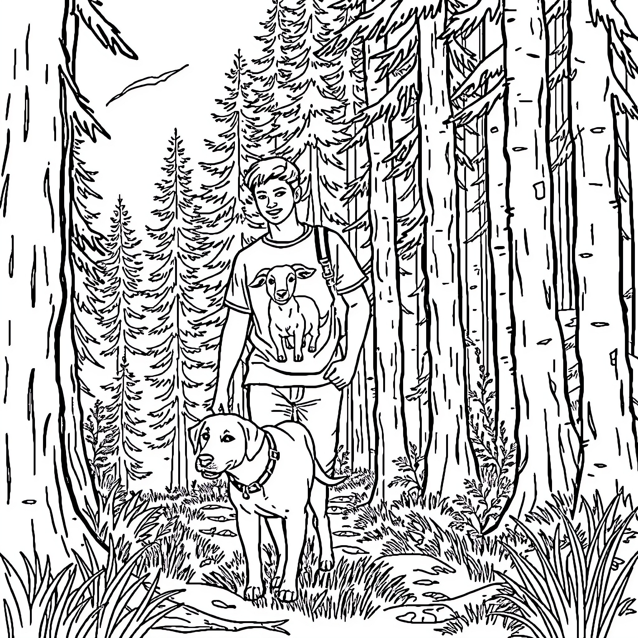 Man exploring forest with his dogs Coloring Page (free black-and-white line drawing printable PDF for all, from beginners to advanced learners, including children, teens, adults, and seniors)