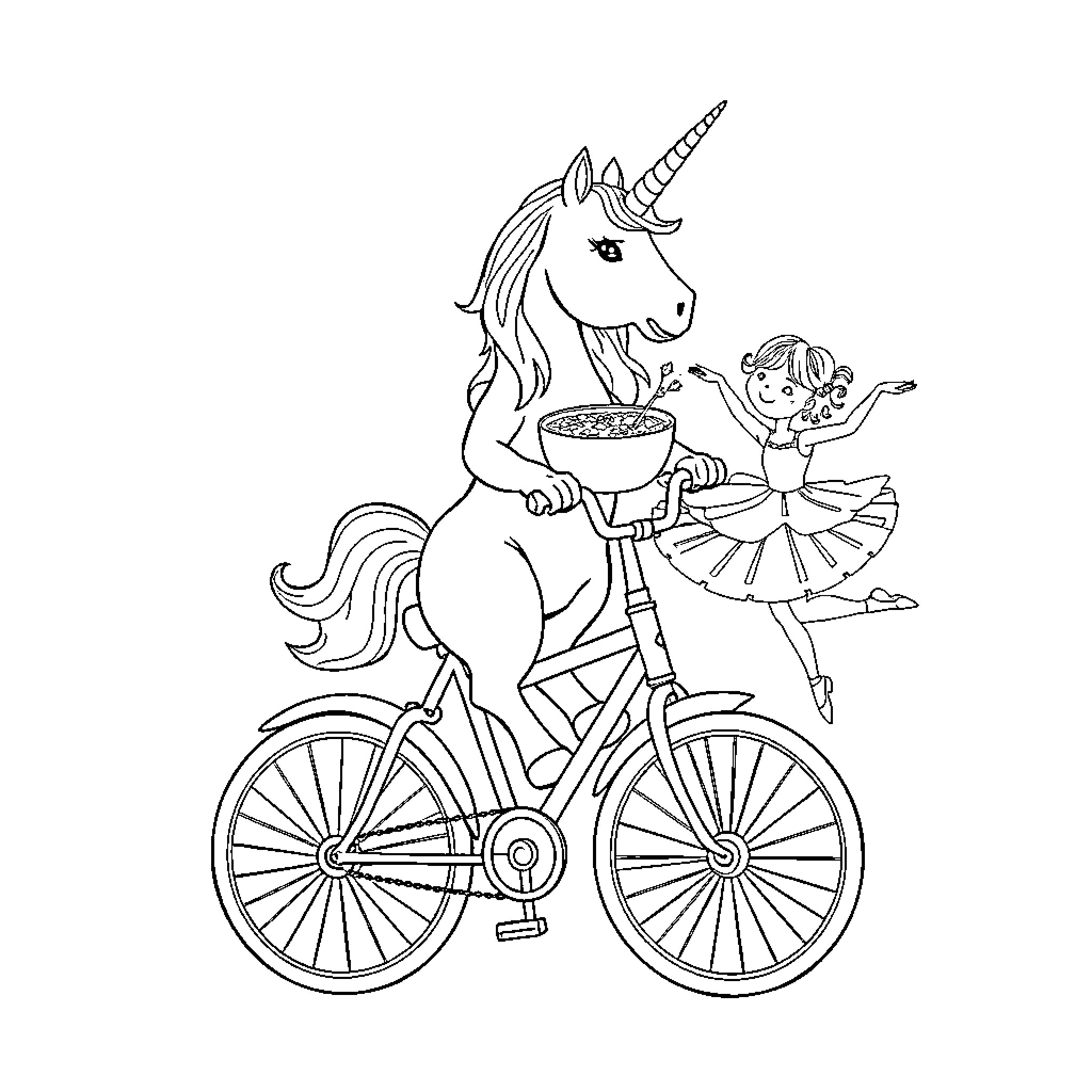 Unicorn and young girl on bicycle adventure Coloring Page (free black-and-white line drawing printable PDF for all, from beginners to advanced learners, including children, teens, adults, and seniors)