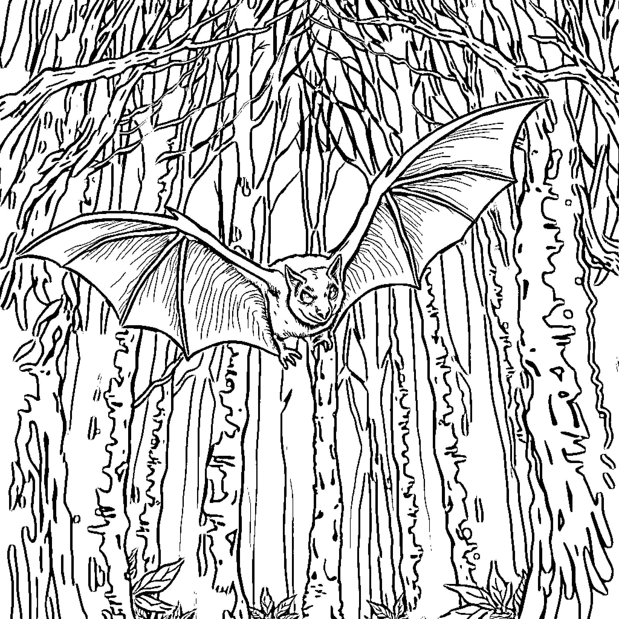 Bat swooping through the dark forest Coloring Page (free black-and-white line drawing printable PDF for all, from beginners to advanced learners, including children, teens, adults, and seniors)
