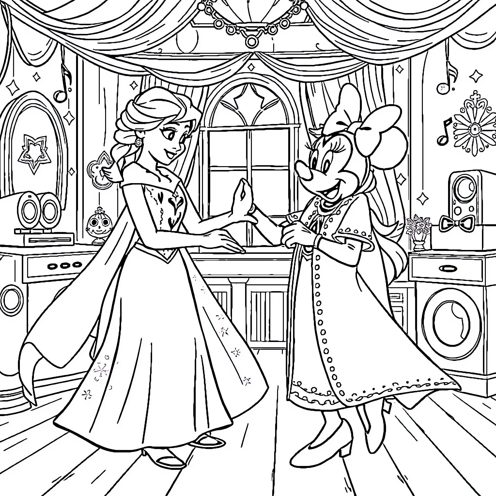 Elsa and Minnie Mouse dance together in a magical setting Coloring Page (free black-and-white line drawing printable PDF for all, from beginners to advanced learners, including children, teens, adults, and seniors)