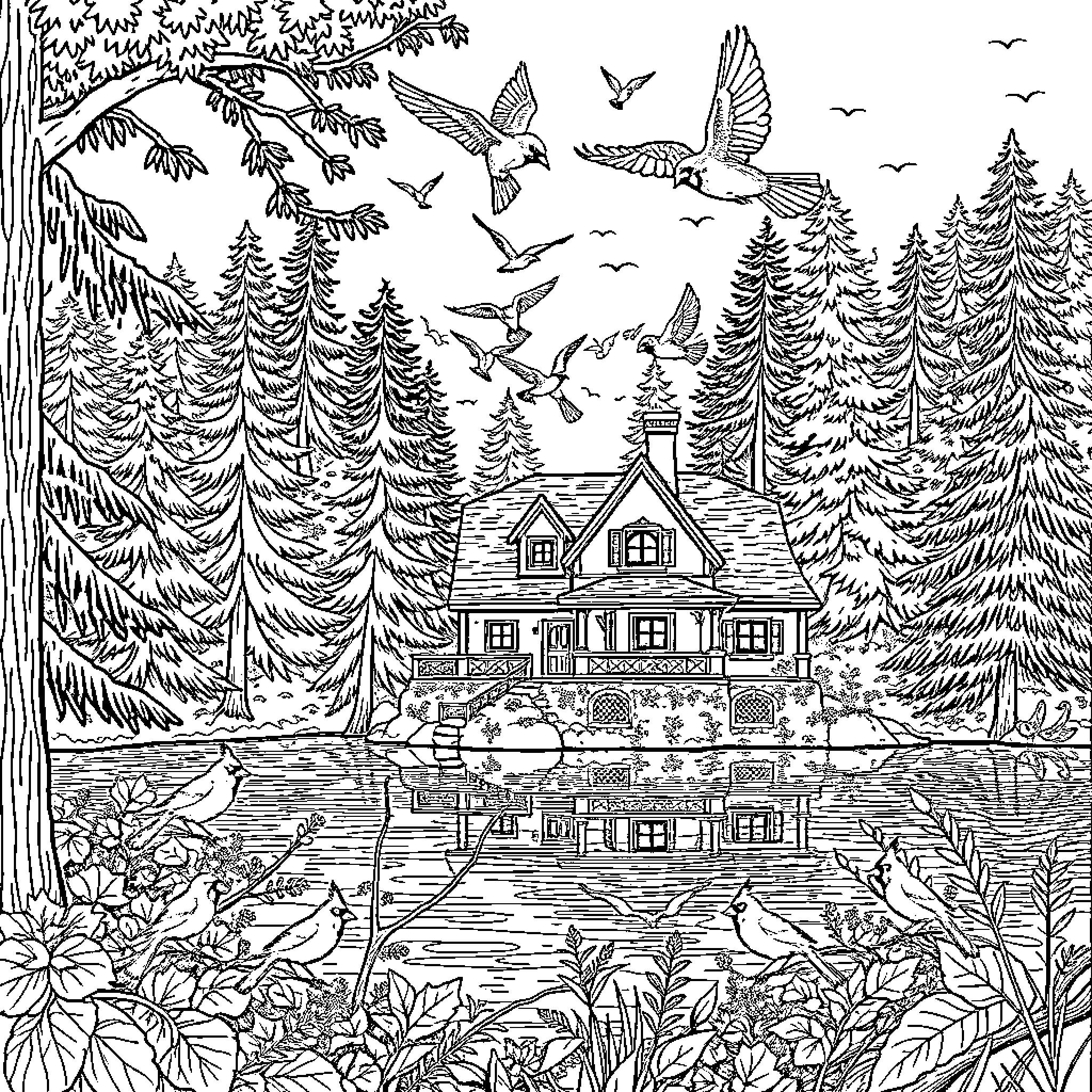 House by the lake with flying birds in the forest Coloring Page (free black-and-white line drawing printable PDF for all, from beginners to advanced learners, including children, teens, adults, and seniors)