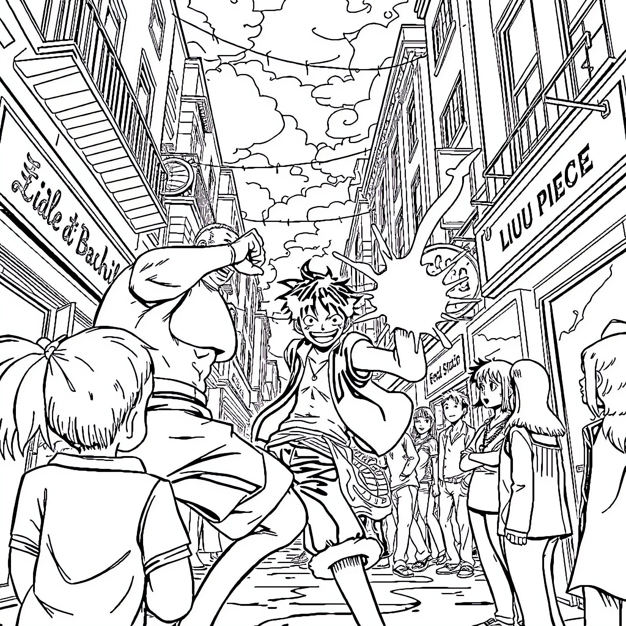 Luffy's Adventure in the Bustling City Streets Coloring Page (free black-and-white line drawing printable PDF for all, from beginners to advanced learners, including children, teens, adults, and seniors)