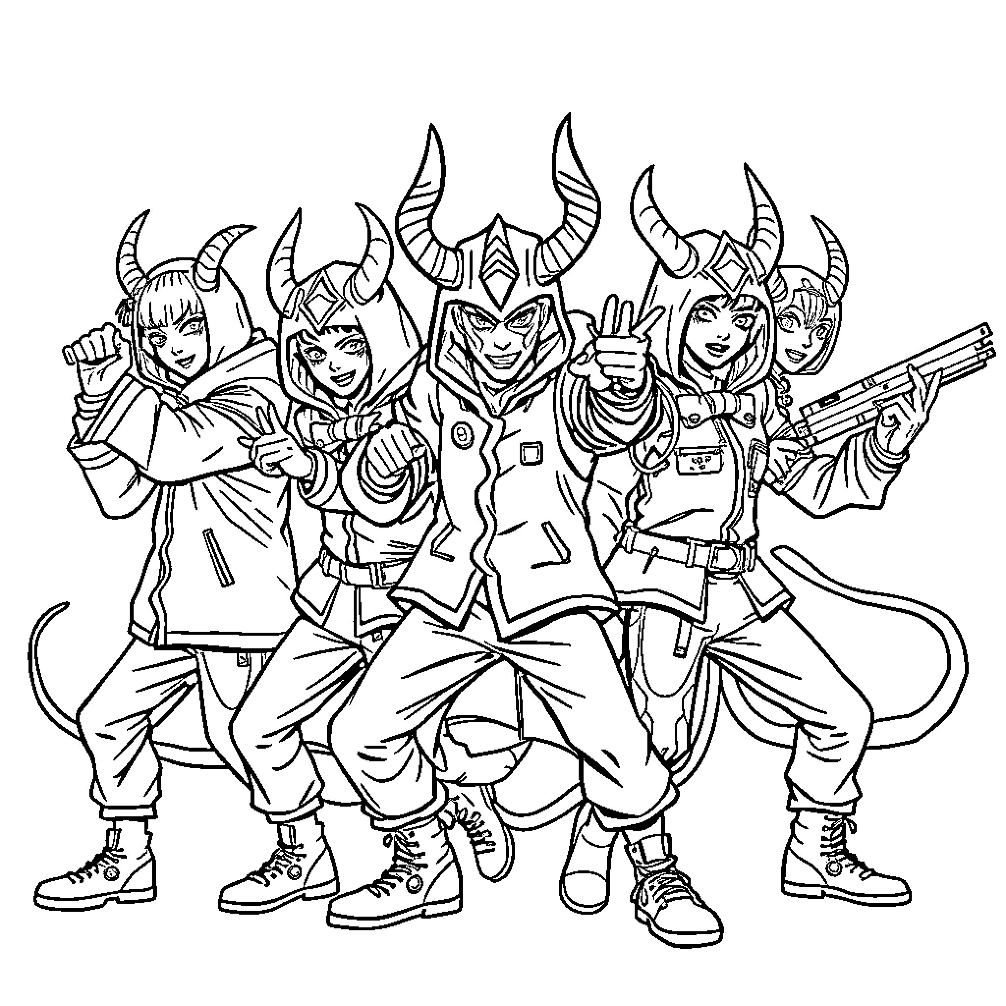Demon Hunter Squad in Action Poses Coloring Page (free black-and-white line drawing printable PDF for all, from beginners to advanced learners, including children, teens, adults, and seniors)