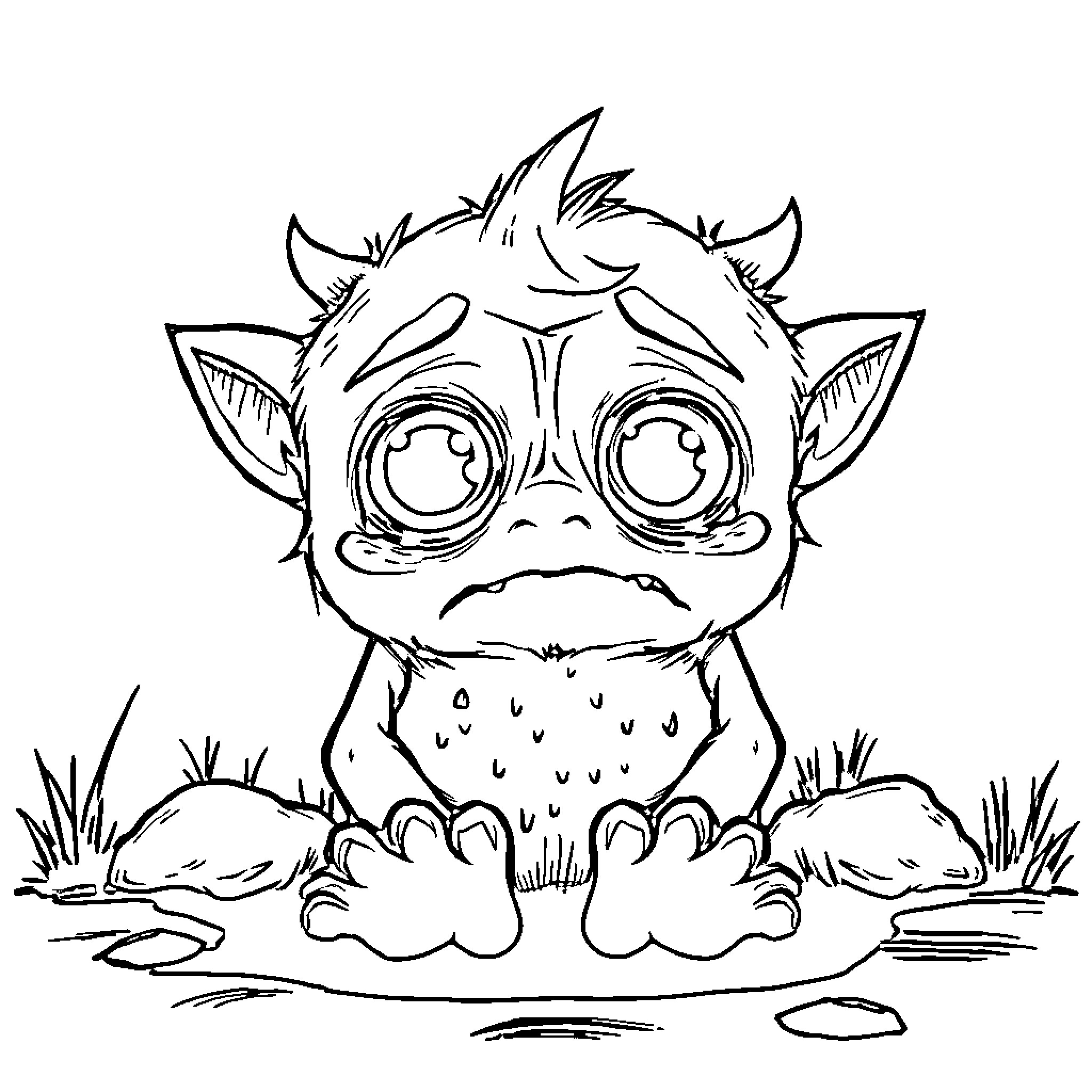 Monster Creature Sitting in Pond Coloring Page (free black-and-white line drawing printable PDF for all, from beginners to advanced learners, including children, teens, adults, and seniors)