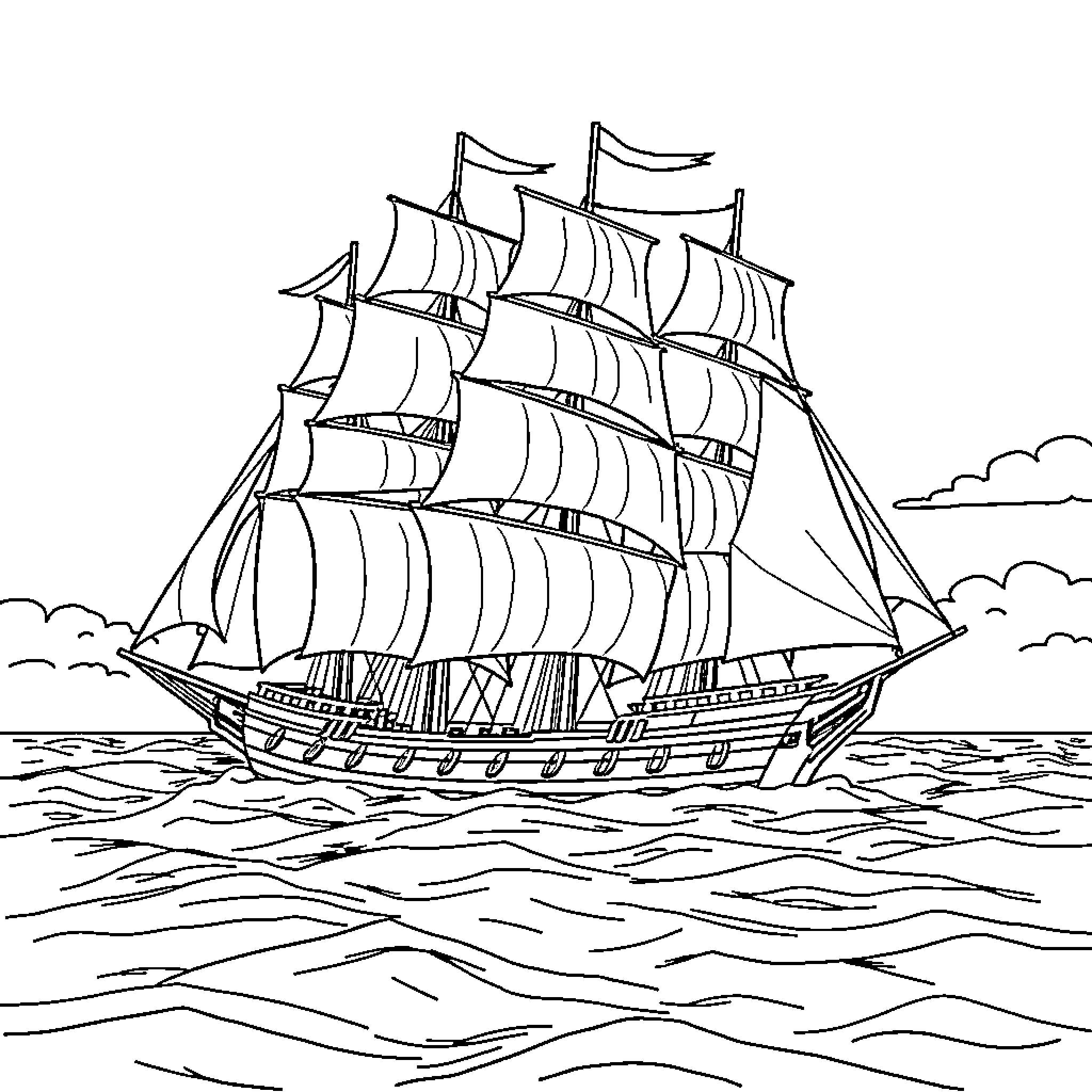 Ship sailing on the open sea Coloring Page (free black-and-white line drawing printable PDF for all, from beginners to advanced learners, including children, teens, adults, and seniors)