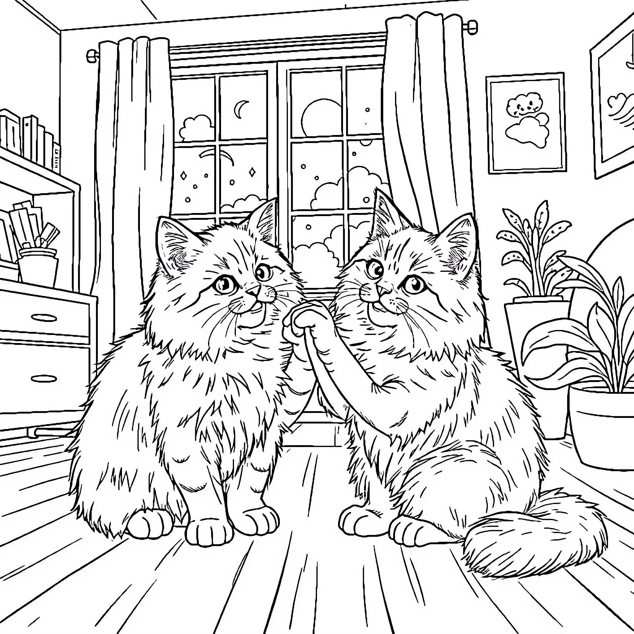 Cats playing together in a cozy room Coloring Page (free black-and-white line drawing printable PDF for all, from beginners to advanced learners, including children, teens, adults, and seniors)