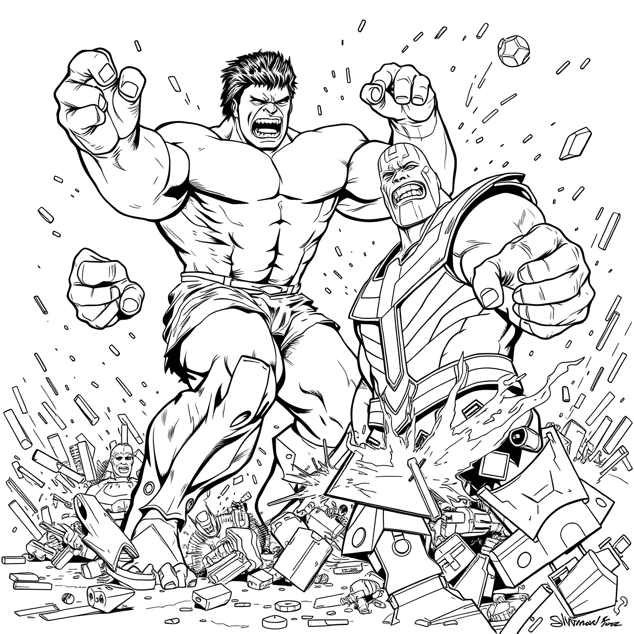 Hulk smashing through debris in action-packed scene Coloring Page (free black-and-white line drawing printable PDF for all, from beginners to advanced learners, including children, teens, adults, and seniors)