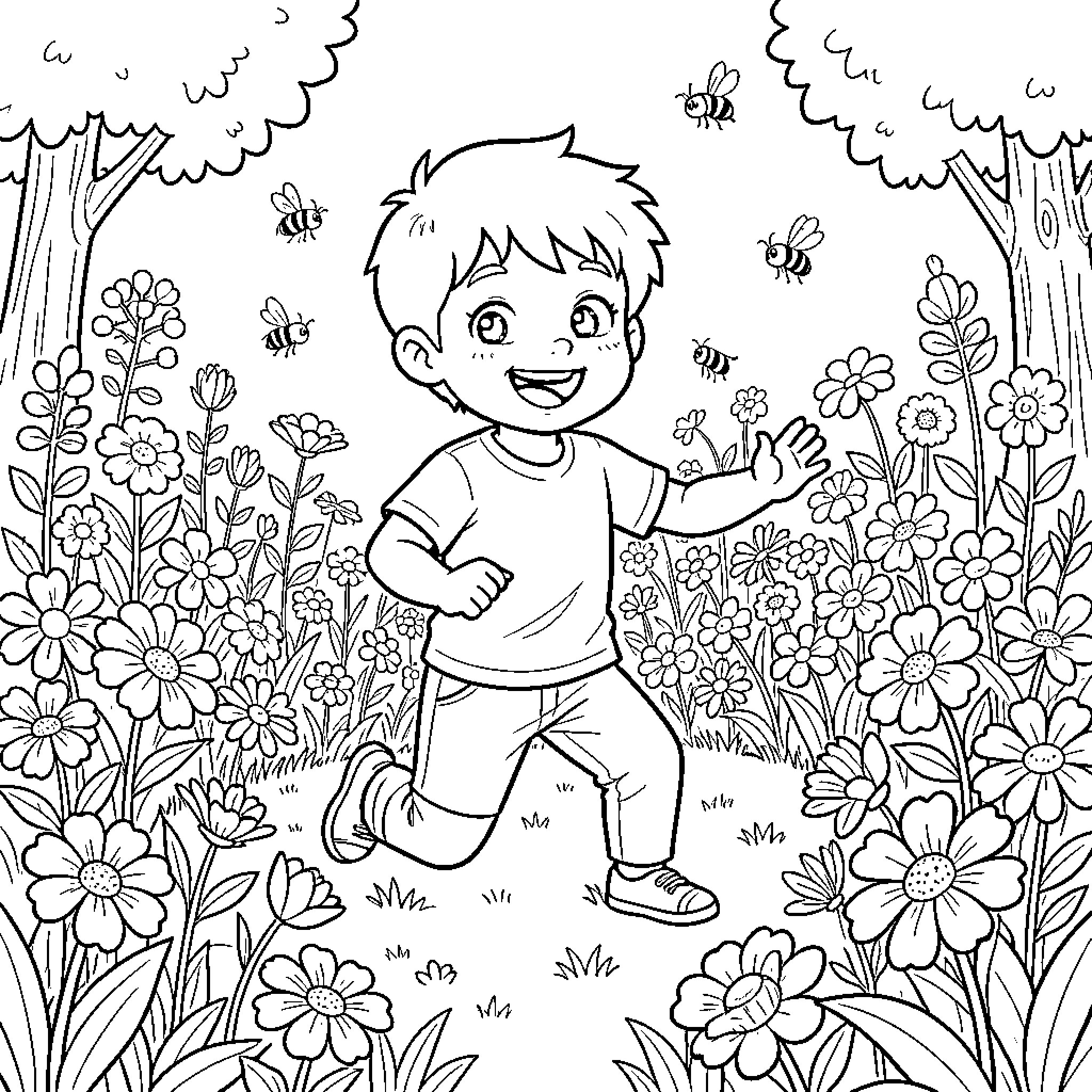 Boy exploring a colorful flower garden Coloring Page (free black-and-white line drawing printable PDF for all, from beginners to advanced learners, including children, teens, adults, and seniors)