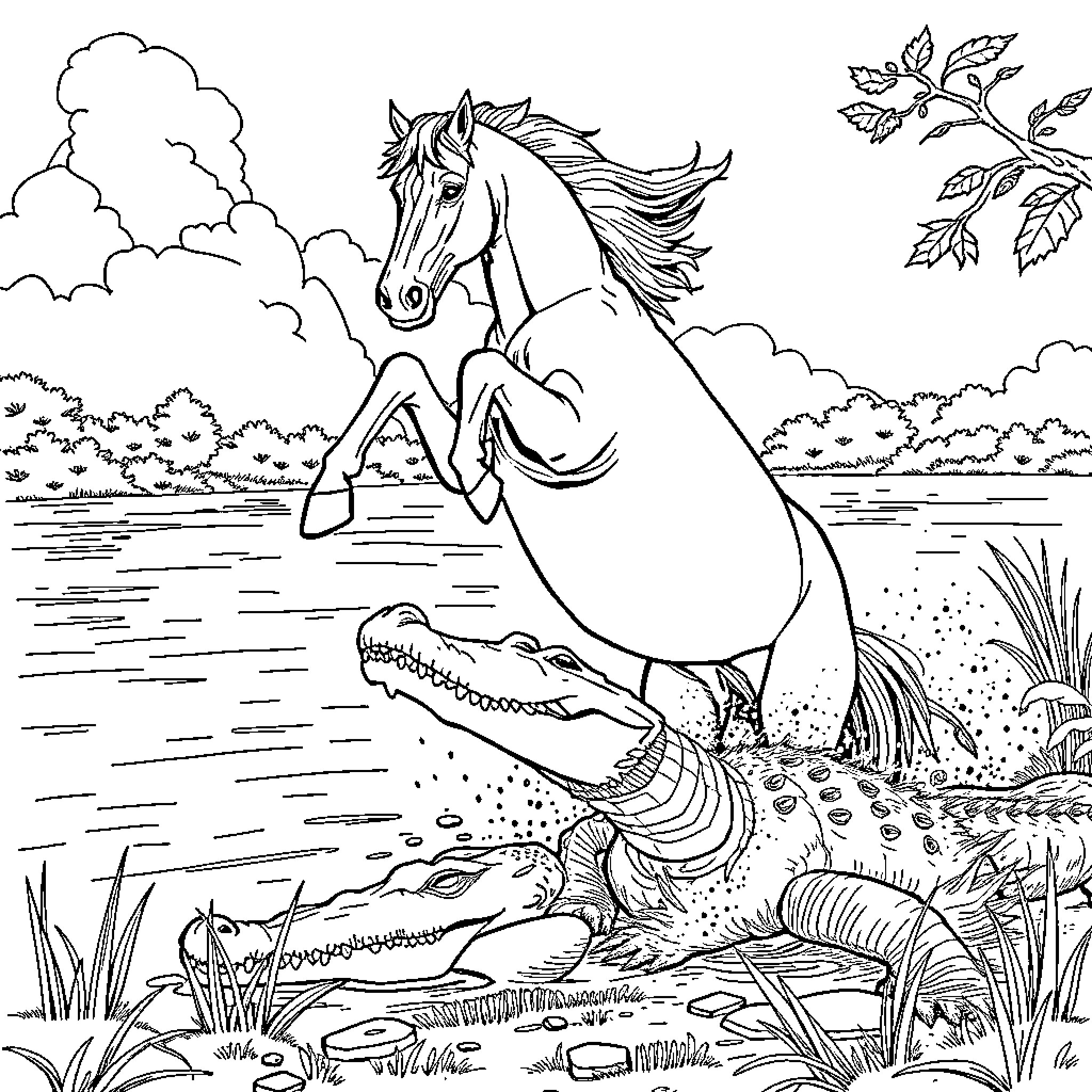 Horse galloping through the countryside Coloring Page (free black-and-white line drawing printable PDF for all, from beginners to advanced learners, including children, teens, adults, and seniors)