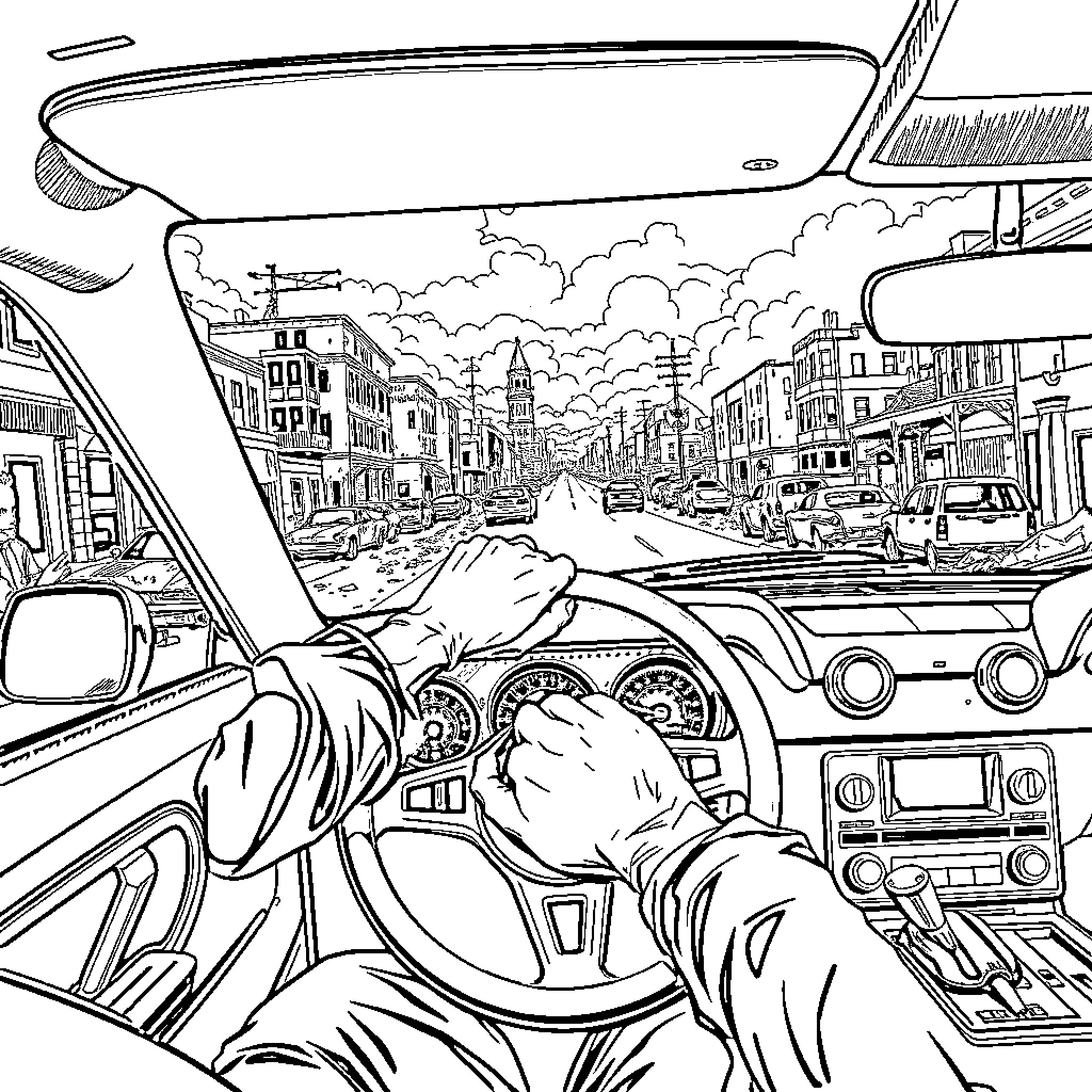 Negan's Drive Through the Busy City Coloring Page (free black-and-white line drawing printable PDF for all, from beginners to advanced learners, including children, teens, adults, and seniors)