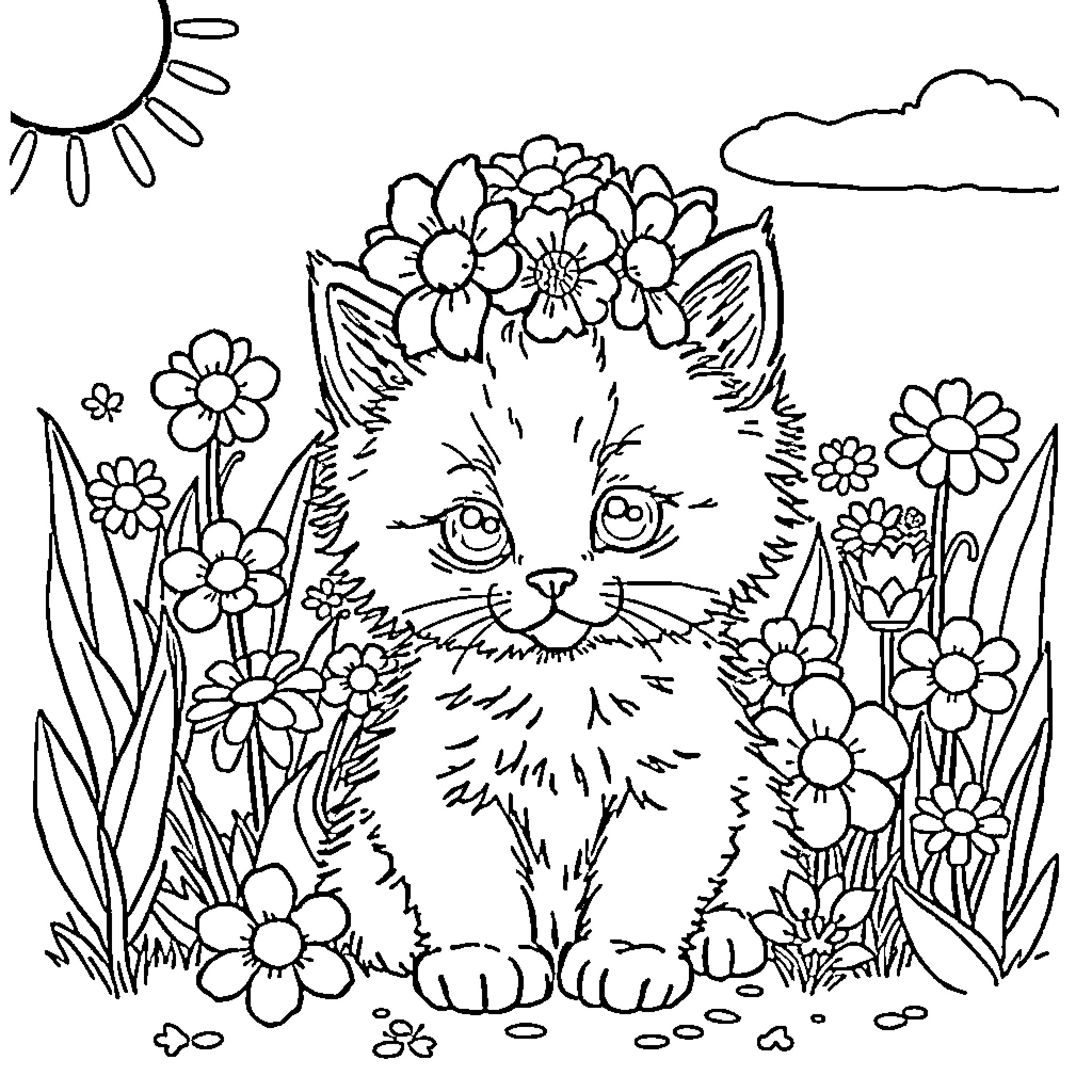 Kitten surrounded by flowers in a garden Coloring Page (free black-and-white line drawing printable PDF for all, from beginners to advanced learners, including children, teens, adults, and seniors)