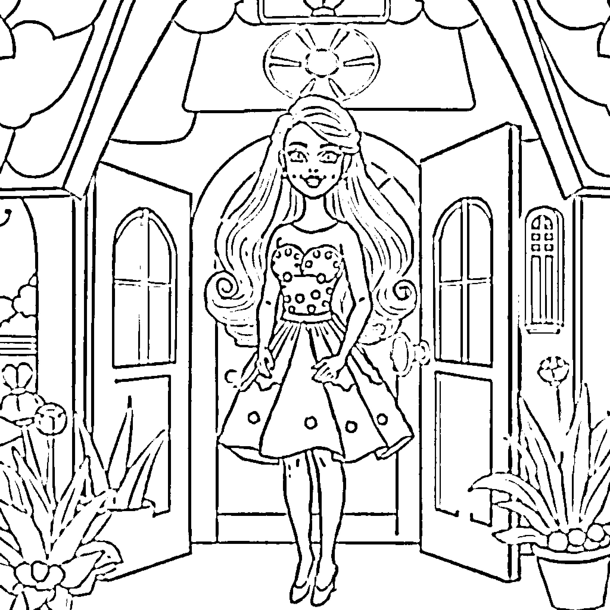 Barbie posing confidently in a decorative setting Coloring Page (free black-and-white line drawing printable PDF for all, from beginners to advanced learners, including children, teens, adults, and seniors)