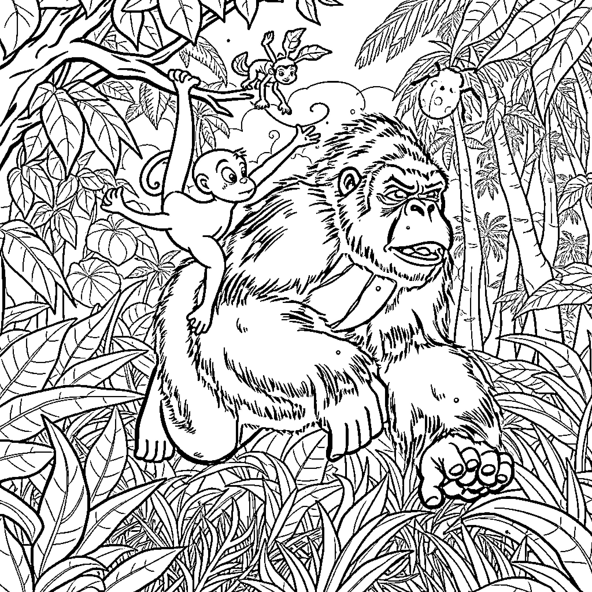 Monkey playing in the lush jungle environment Coloring Page (free black-and-white line drawing printable PDF for all, from beginners to advanced learners, including children, teens, adults, and seniors)