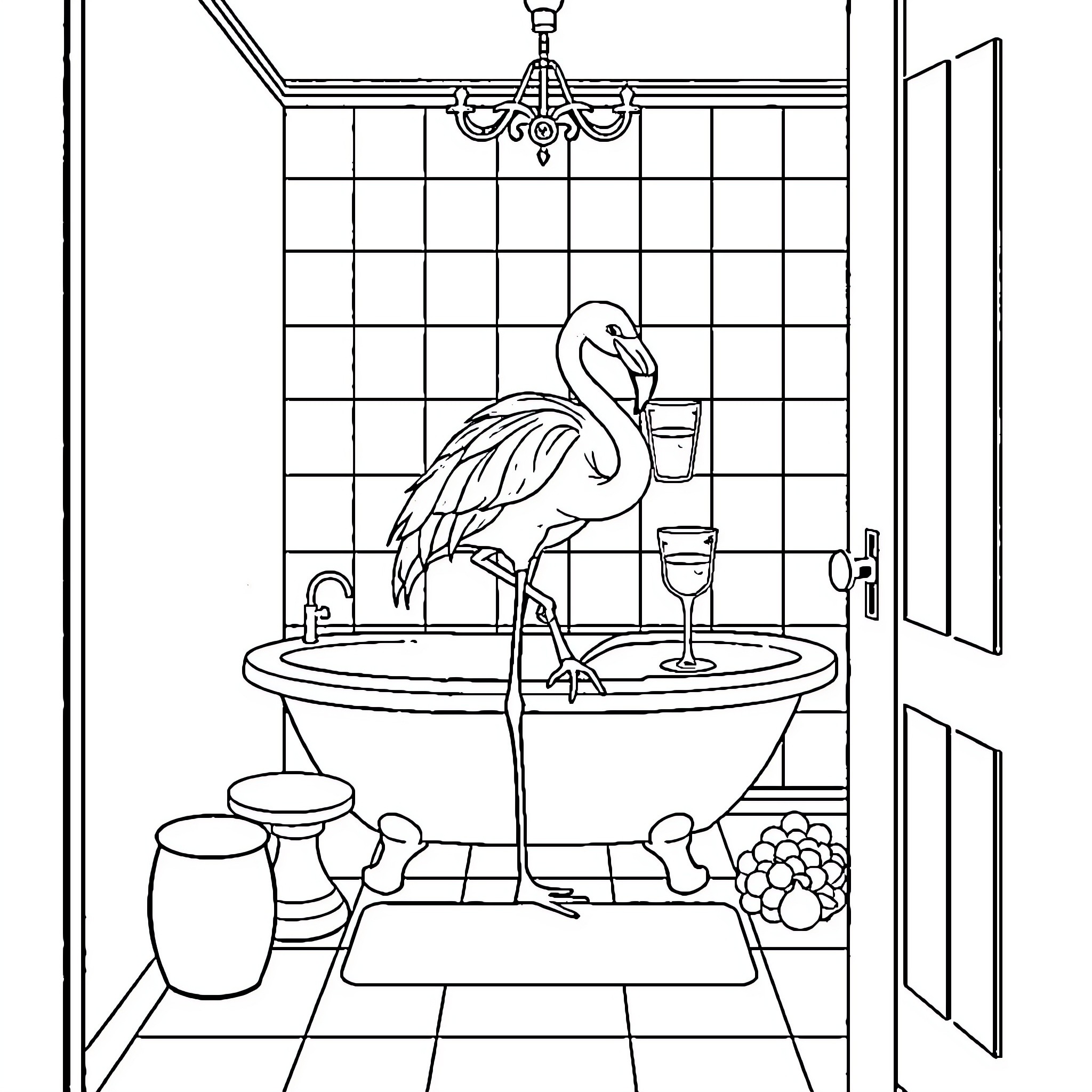 Flamant Rose enjoying a soak in the bathroom Coloring Page (free black-and-white line drawing printable PDF for all, from beginners to advanced learners, including children, teens, adults, and seniors)