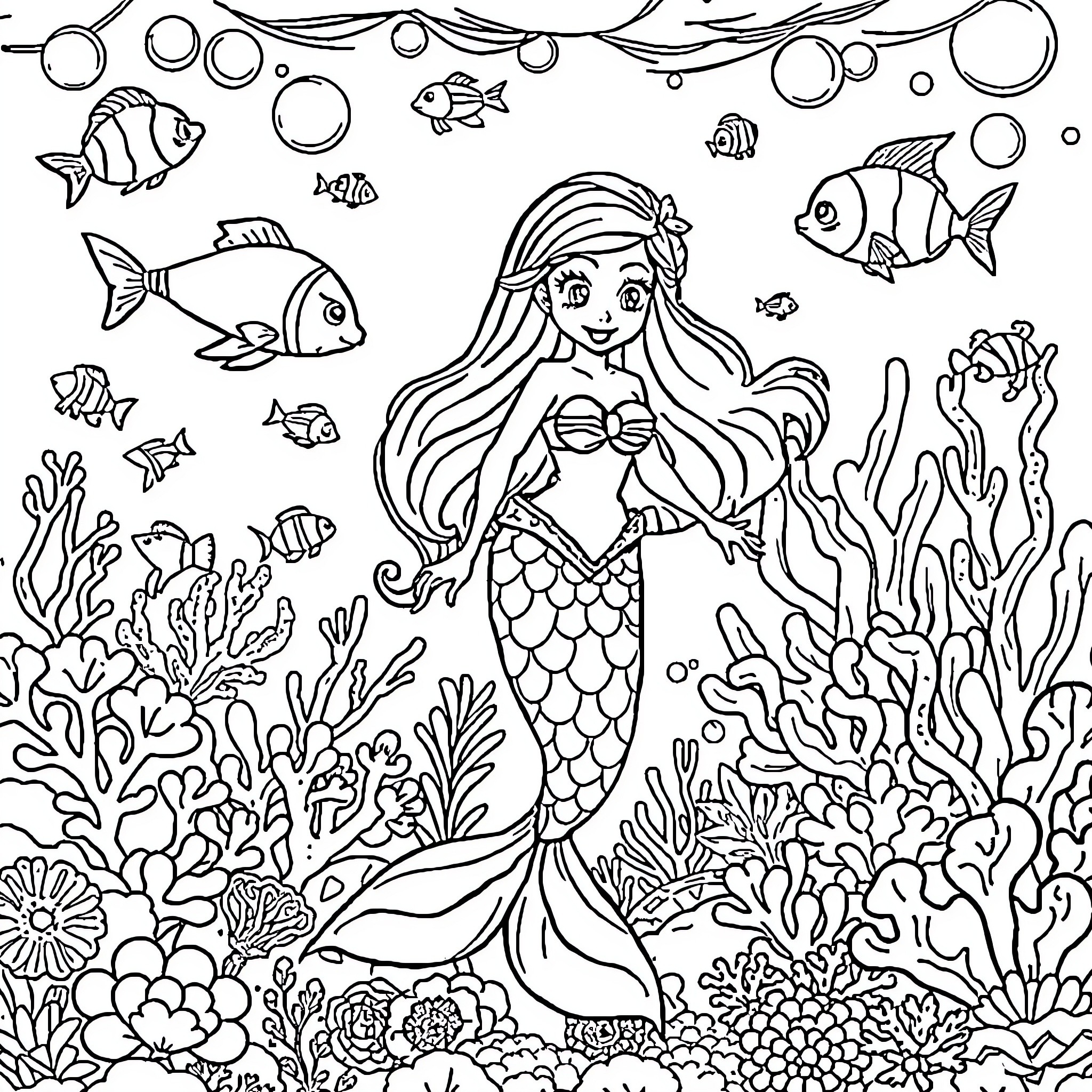 Mermaid swimming gracefully among marine life Coloring Page (free black-and-white line drawing printable PDF for all, from beginners to advanced learners, including children, teens, adults, and seniors)