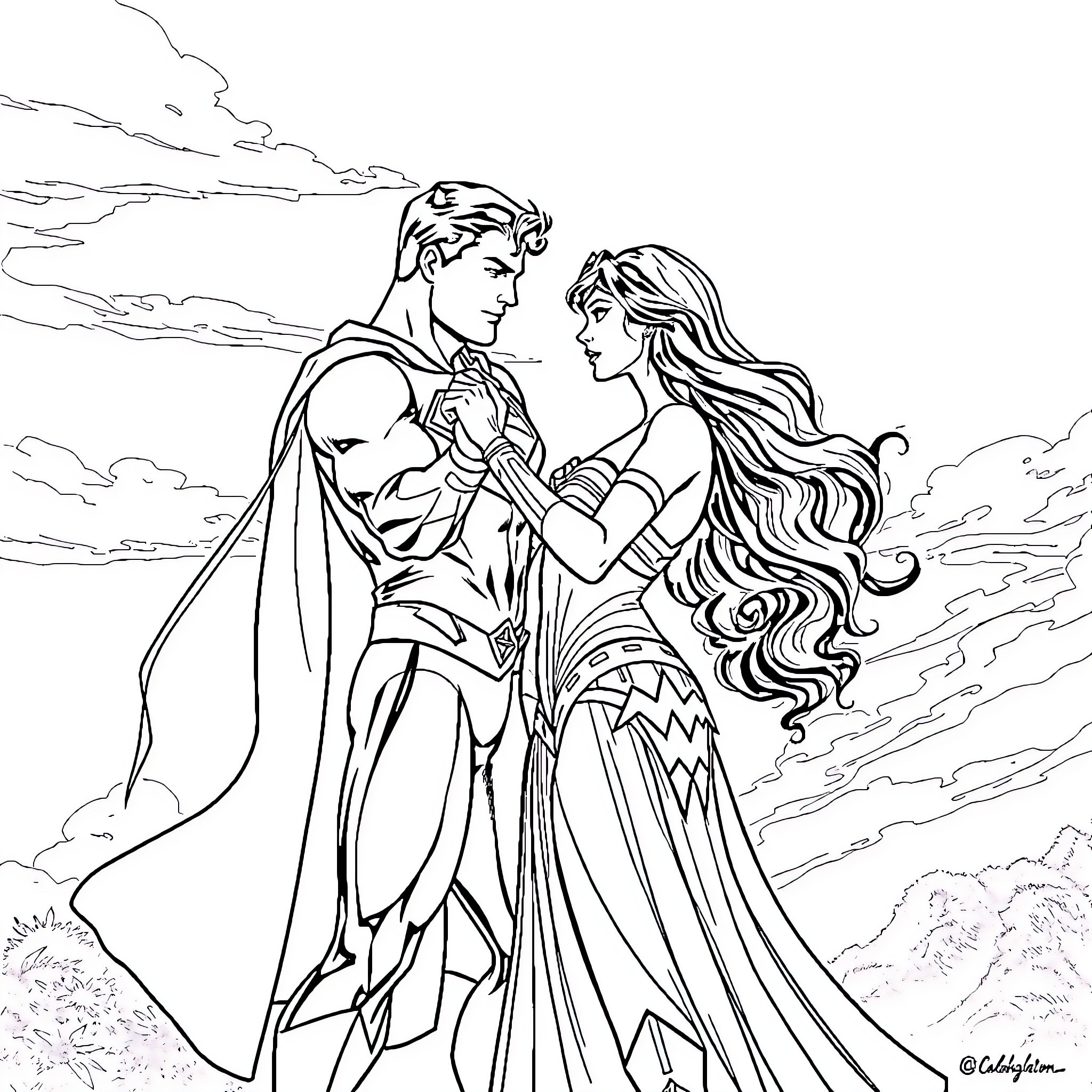 Superman and Wonder Woman heroic embrace in the clouds Coloring Page (free black-and-white line drawing printable PDF for all, from beginners to advanced learners, including children, teens, adults, and seniors)