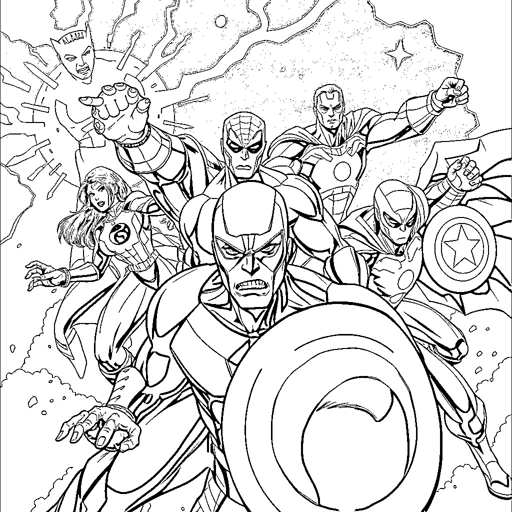 Marvel Heroes in Superhero Action Poses Coloring Page (free black-and-white line drawing printable PDF for all, from beginners to advanced learners, including children, teens, adults, and seniors)