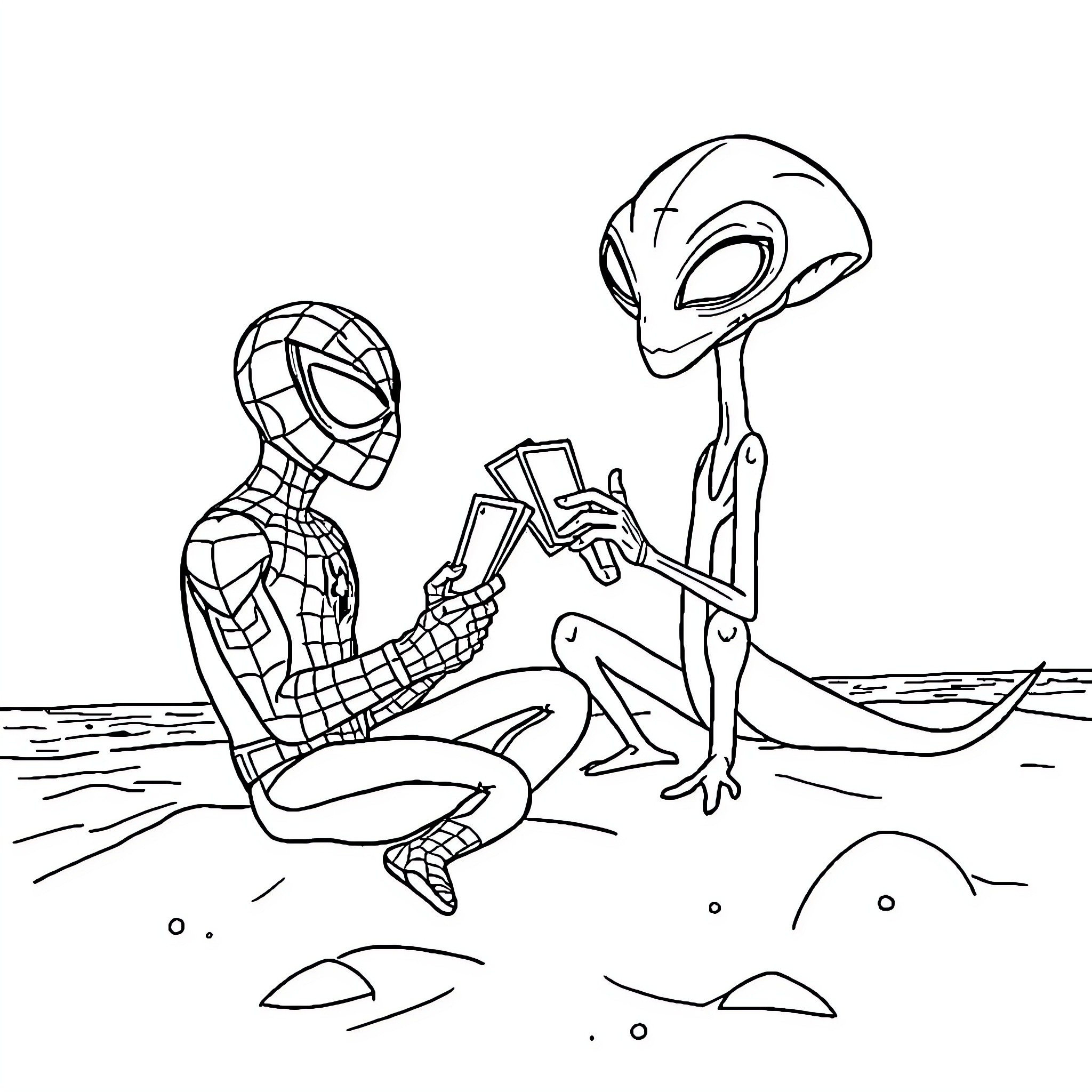 Spiderman interacts with an alien on the beach Coloring Page (free black-and-white line drawing printable PDF for all, from beginners to advanced learners, including children, teens, adults, and seniors)