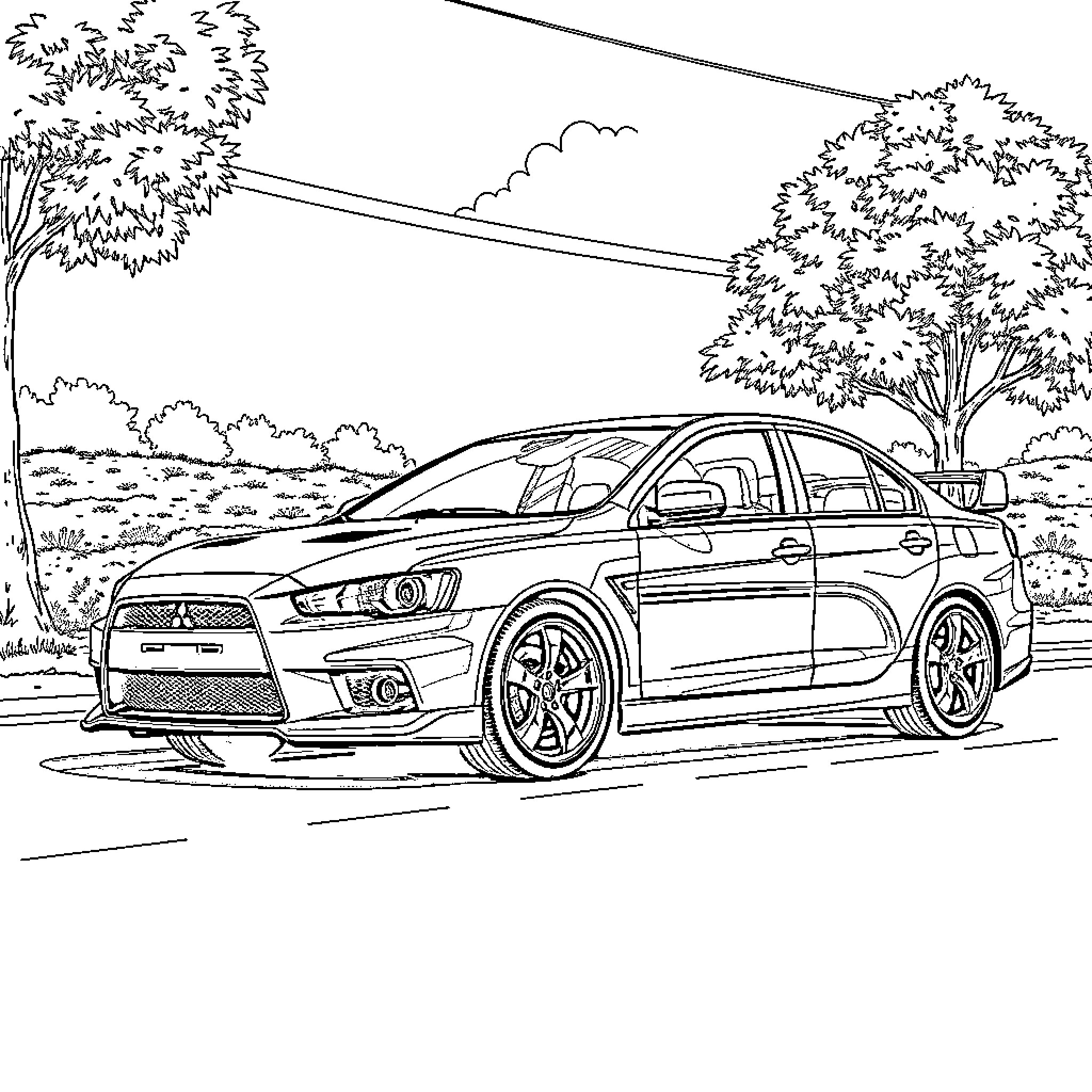 Mitsubishi sports sedan in scenic landscape Coloring Page (free black-and-white line drawing printable PDF for all, from beginners to advanced learners, including children, teens, adults, and seniors)