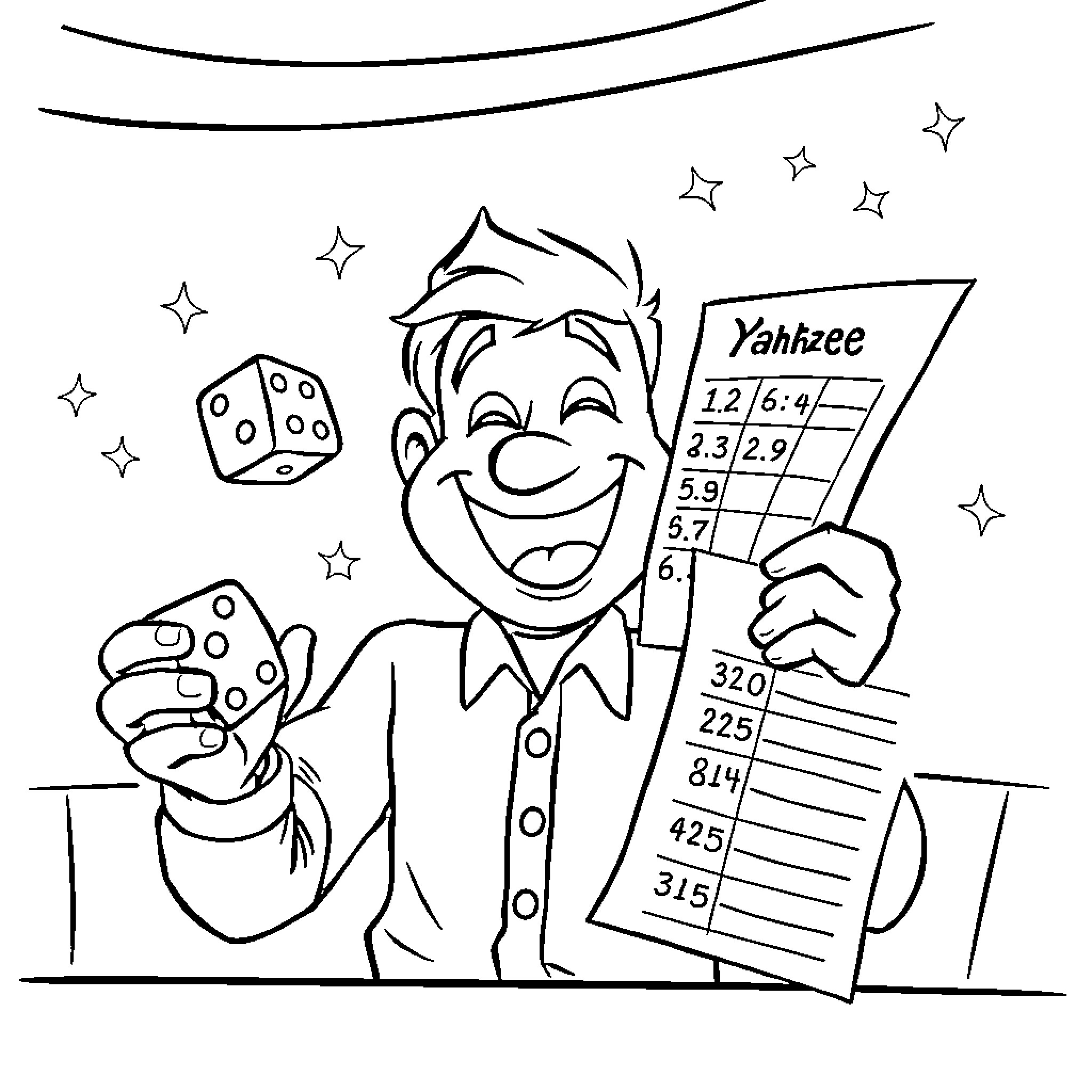 Yahtzee player rolls the dice enthusiastically Coloring Page (free black-and-white line drawing printable PDF for all, from beginners to advanced learners, including children, teens, adults, and seniors)