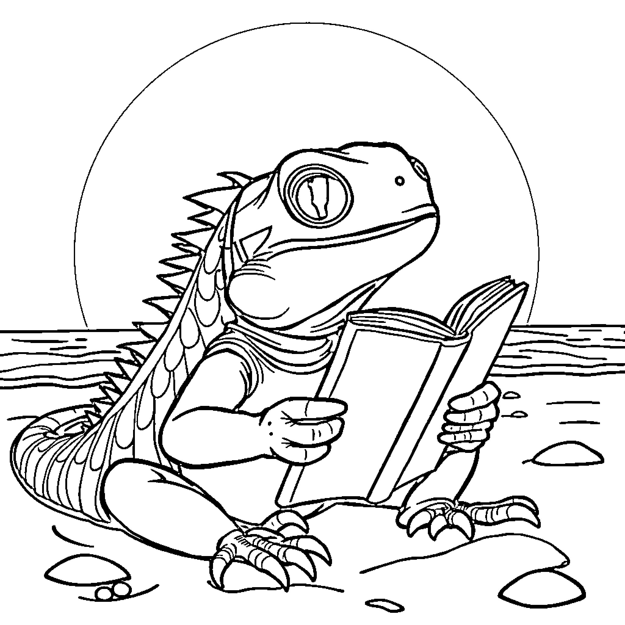 Iguana reading a book on the beach Coloring Page (free black-and-white line drawing printable PDF for all, from beginners to advanced learners, including children, teens, adults, and seniors)