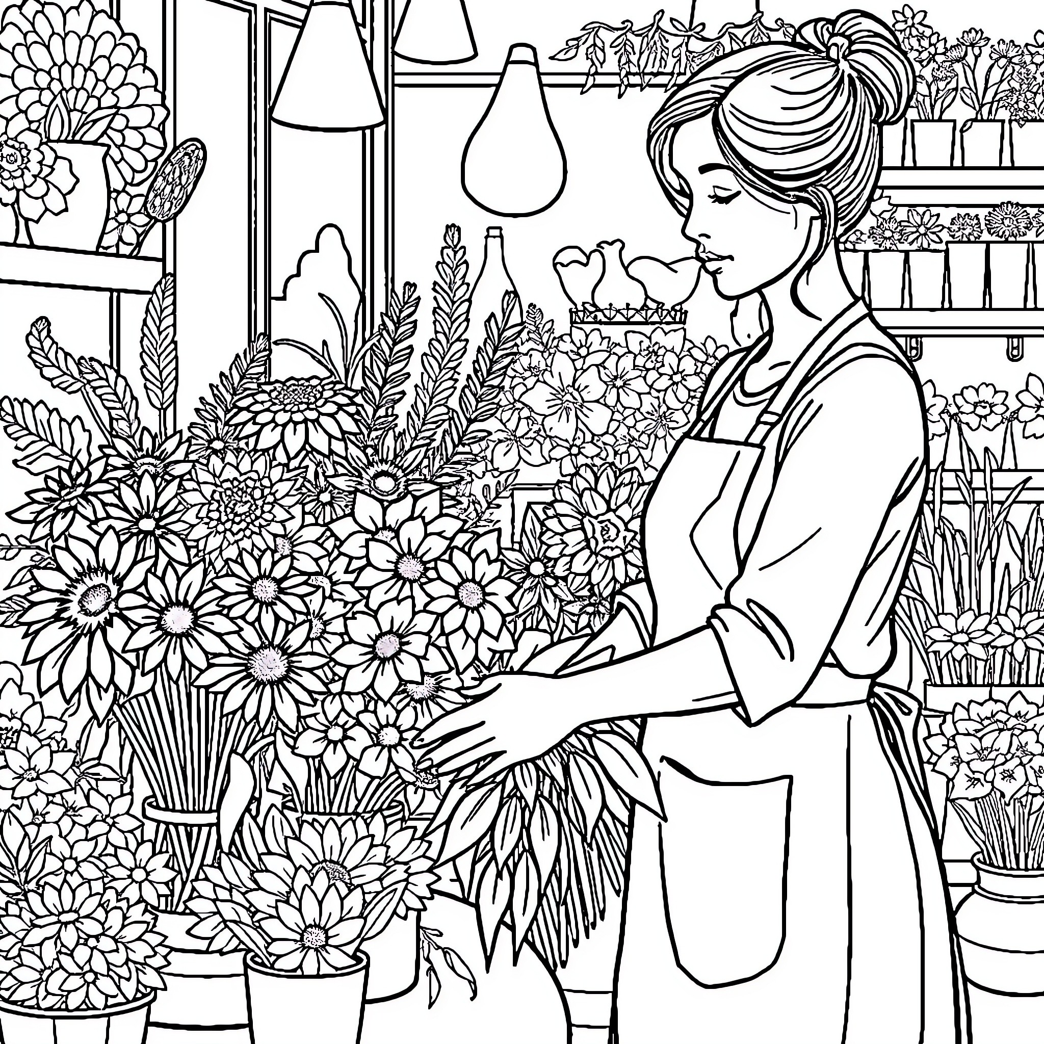 Florist Arranging a Bouquet of Vibrant Flowers Coloring Page (free black-and-white line drawing printable PDF for all, from beginners to advanced learners, including children, teens, adults, and seniors)