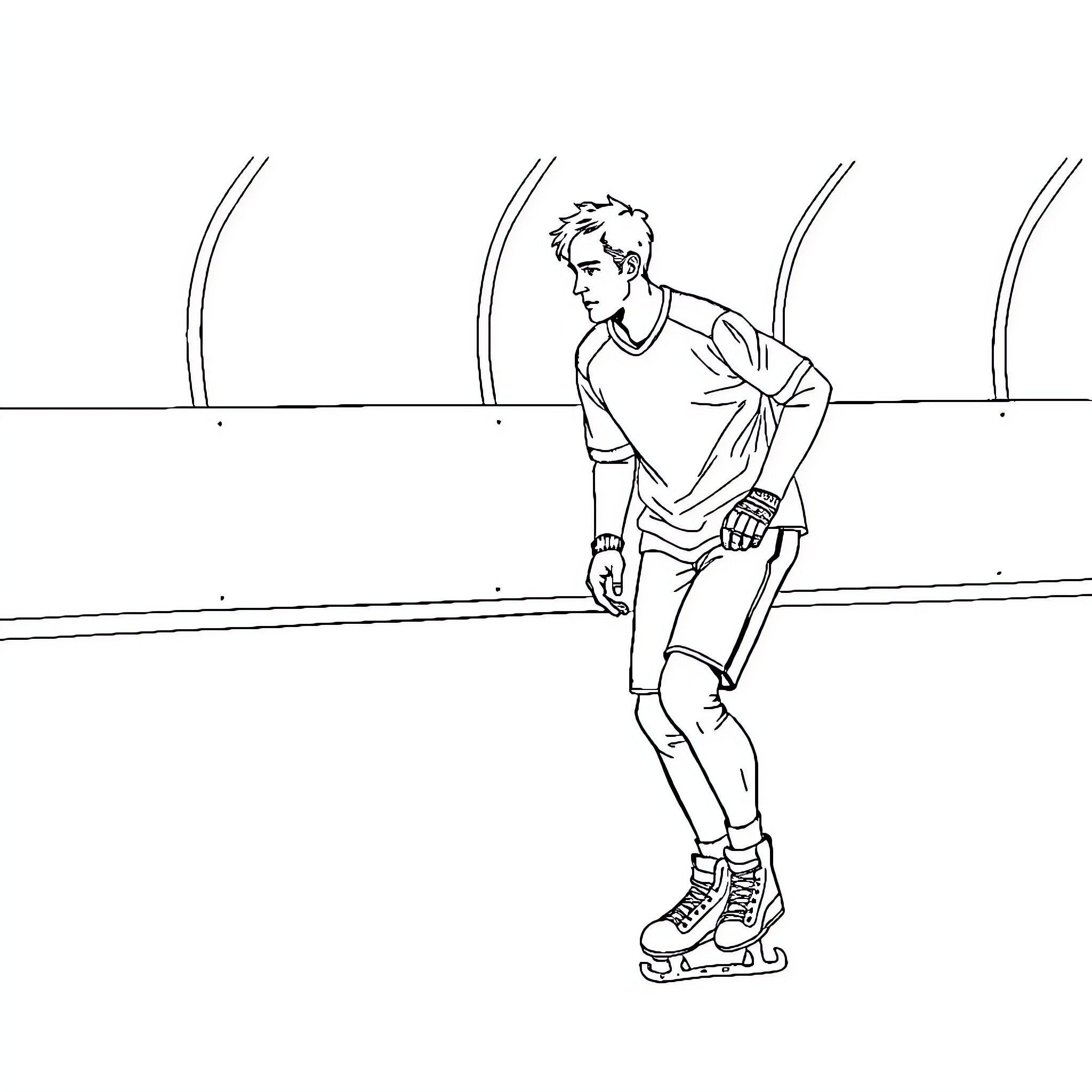 Skate Player in Motion on Rink Coloring Page (free black-and-white line drawing printable PDF for all, from beginners to advanced learners, including children, teens, adults, and seniors)