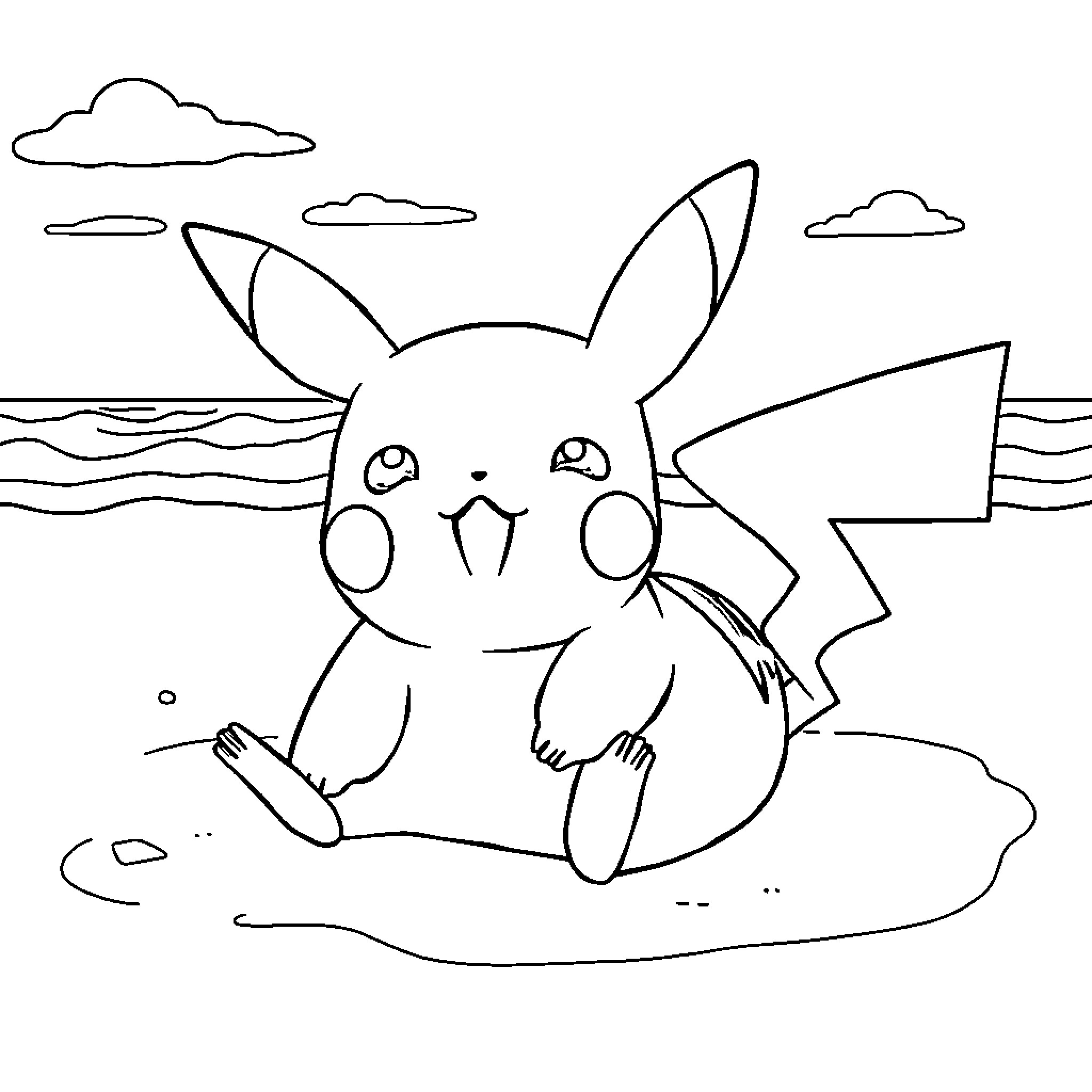 Pikachu playing by the beach Coloring Page (free black-and-white line drawing printable PDF for all, from beginners to advanced learners, including children, teens, adults, and seniors)